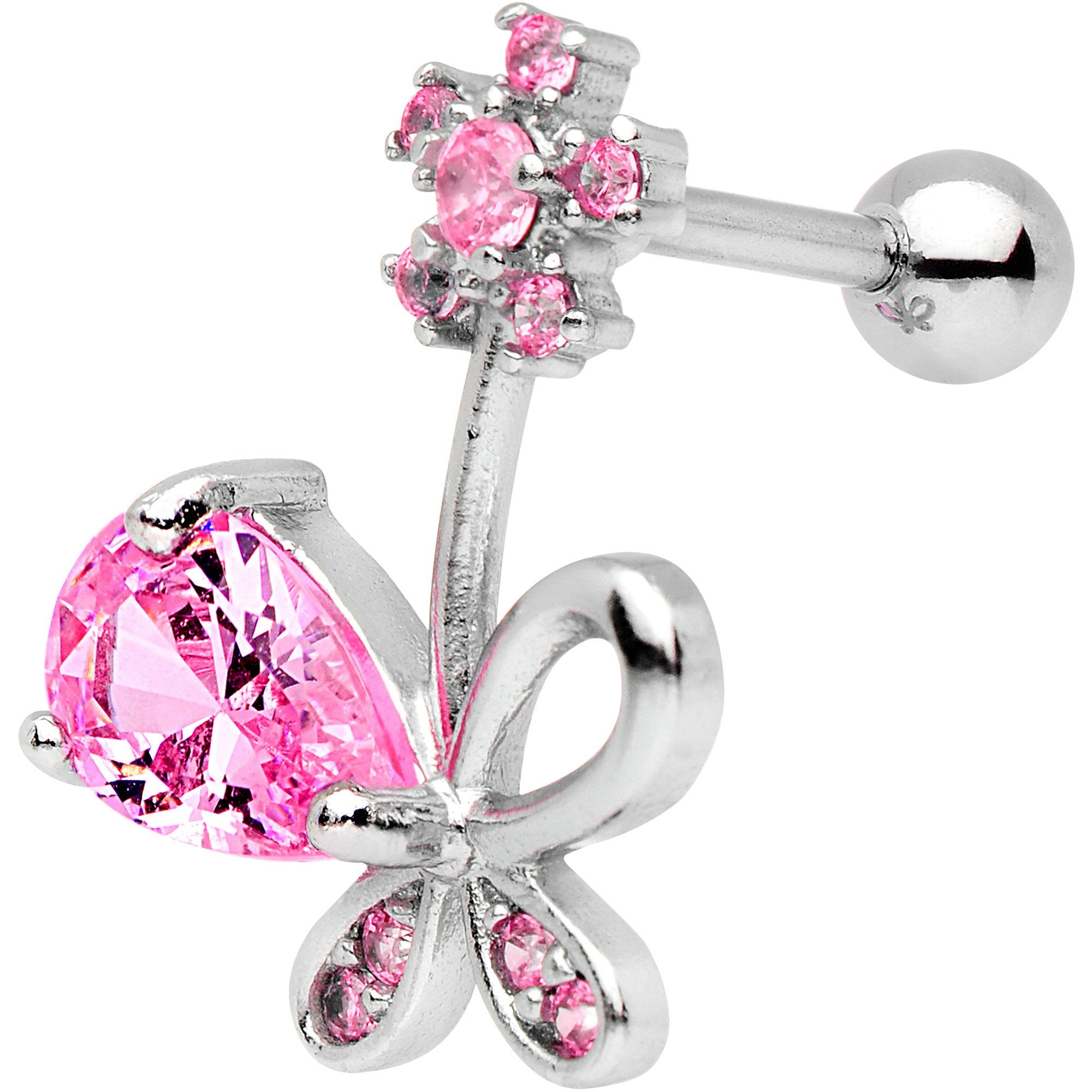 Pink CZ Gem Glamour Bow Left Cartilage Tragus Earring