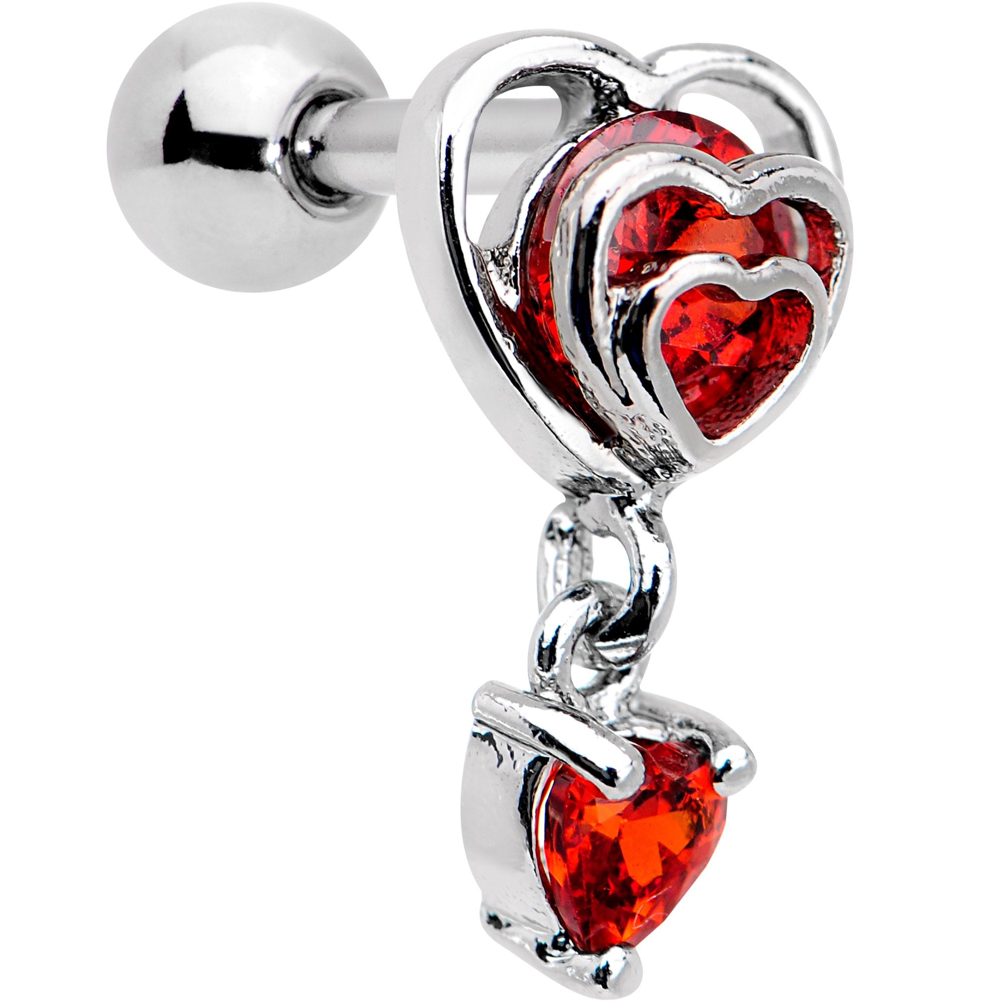 16 Gauge 1/4 Red CZ Gem Triple Heart Dangle Cartilage Tragus Earring