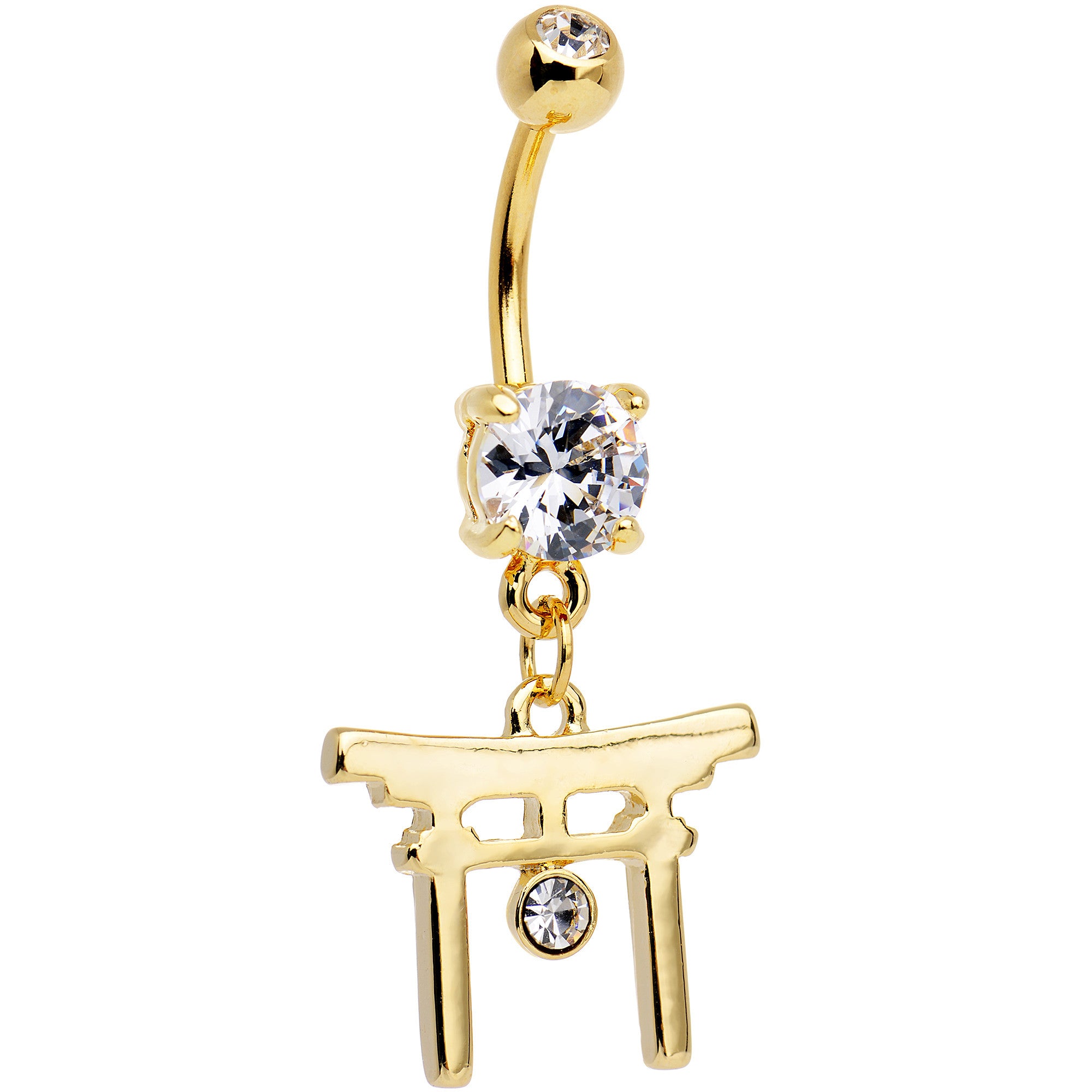 Clear CZ Gem Gold PVD Japanese Gate Dangle Belly Ring