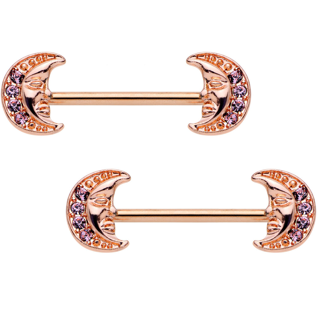 5/8" Purple Gem Rose Gold Tone Anodized Moon Barbell Nipple Ring Set