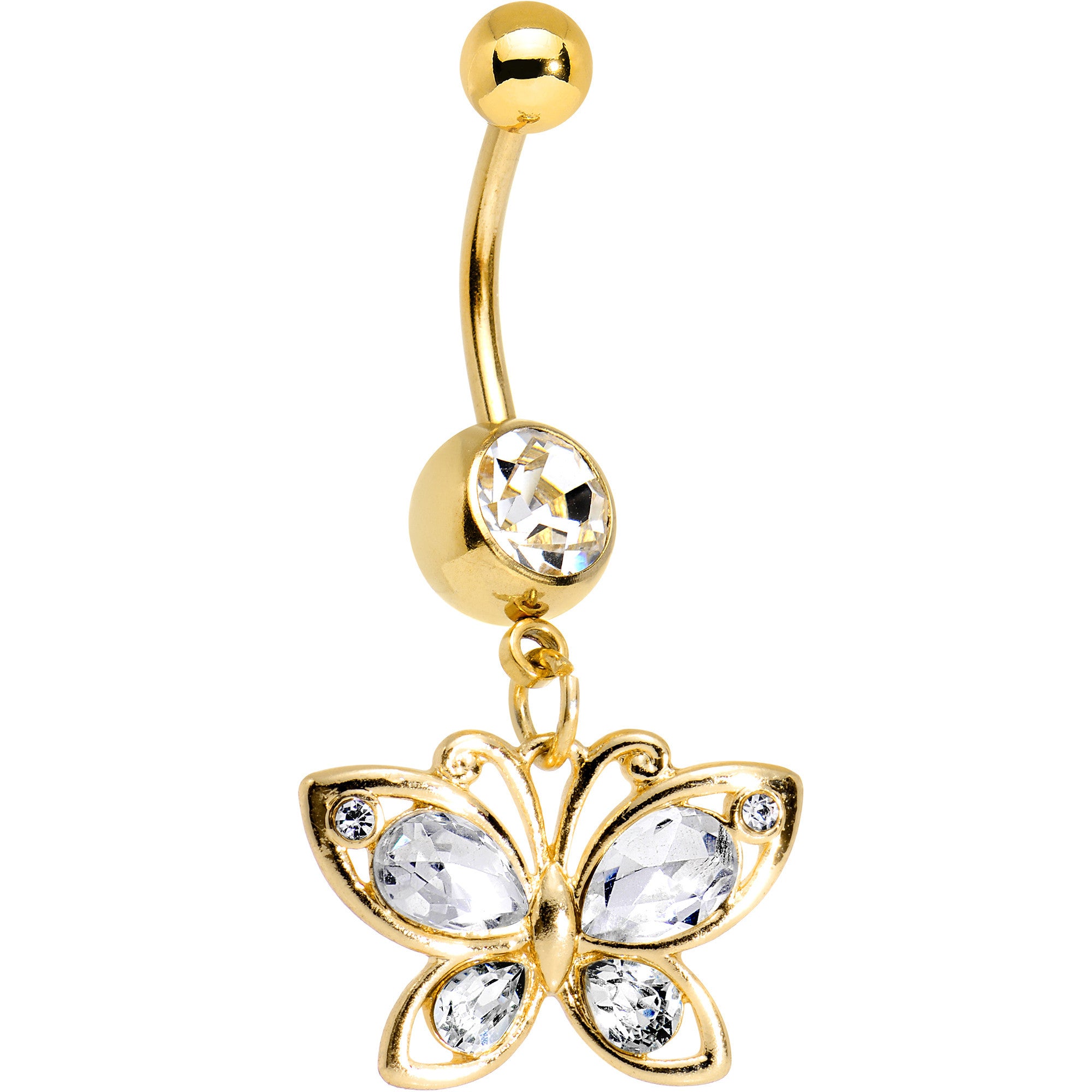 Clear Gem Gold PVD Burst of Color Butterfly Dangle Belly Ring