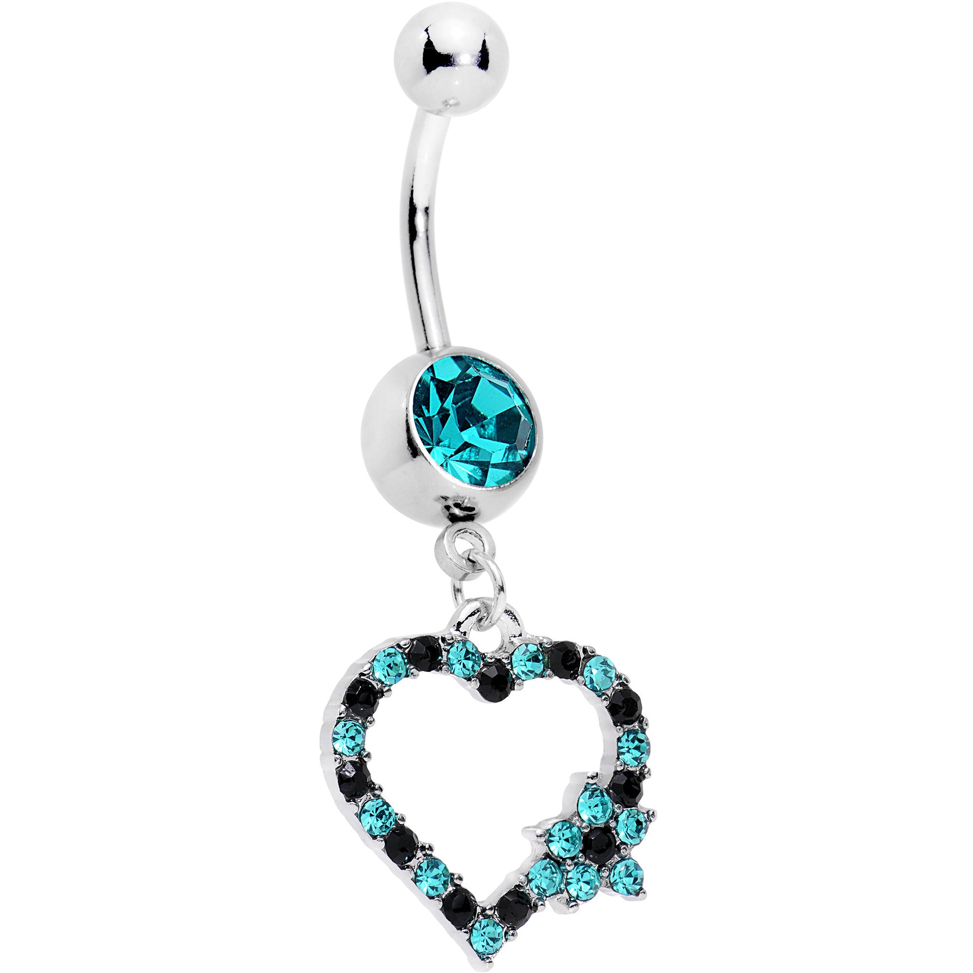 Black Aqua Gem Growing on Me Heart Flower Dangle Belly Ring