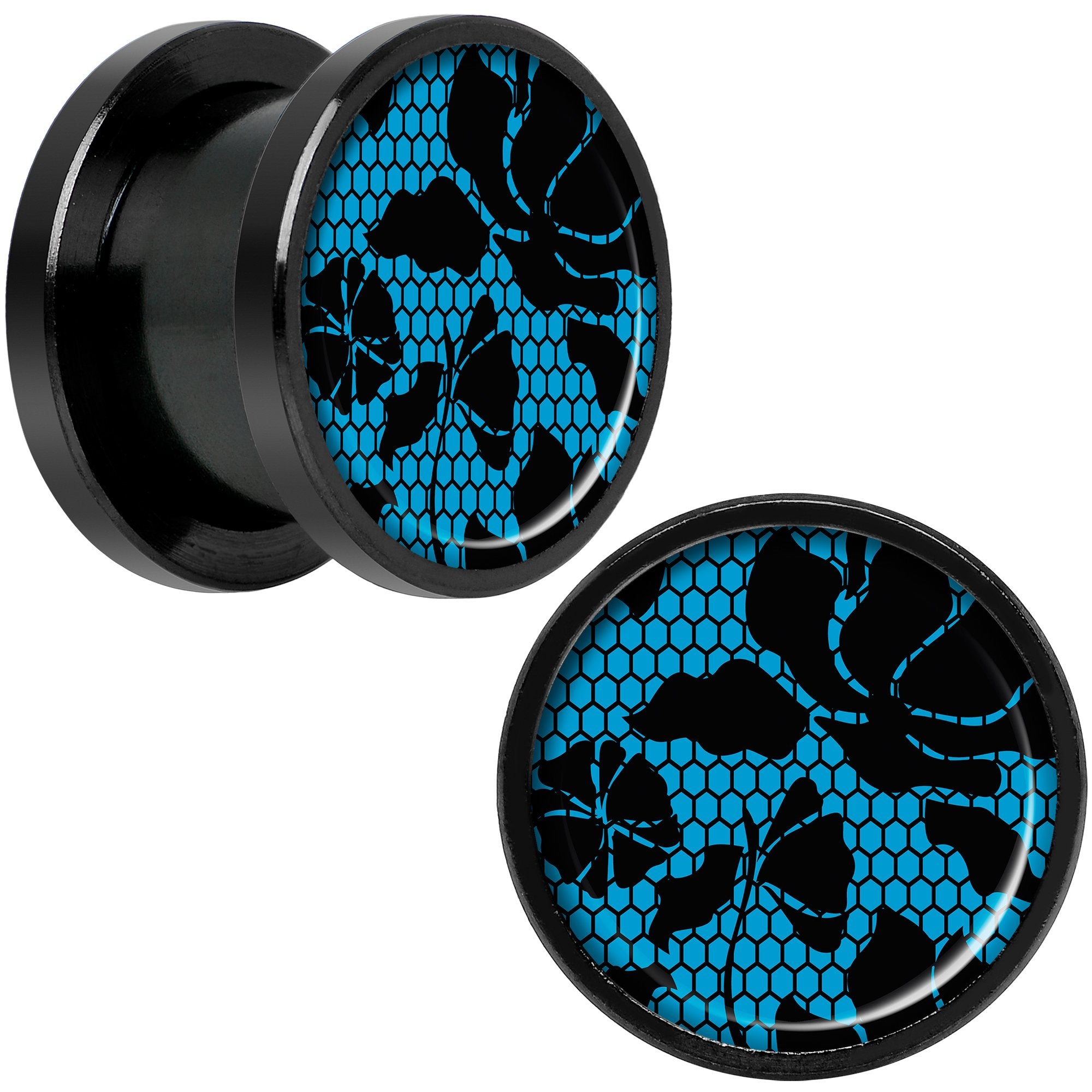 Blue Floral Lace Black Anodized Screw Fit Plug Set 1/2