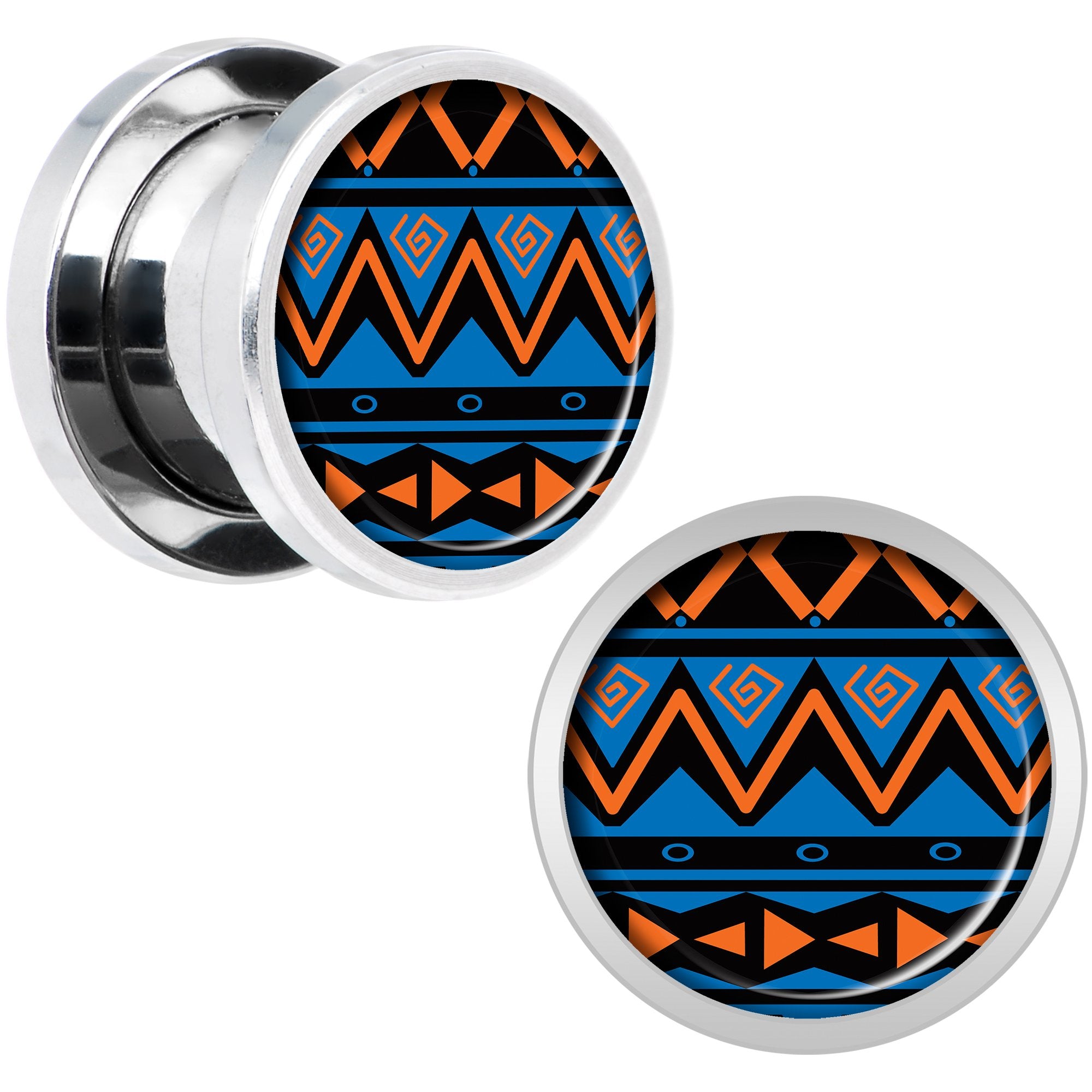 Blue Orange Tribal Print Steel Screw Fit Plug Set 00 Gauge