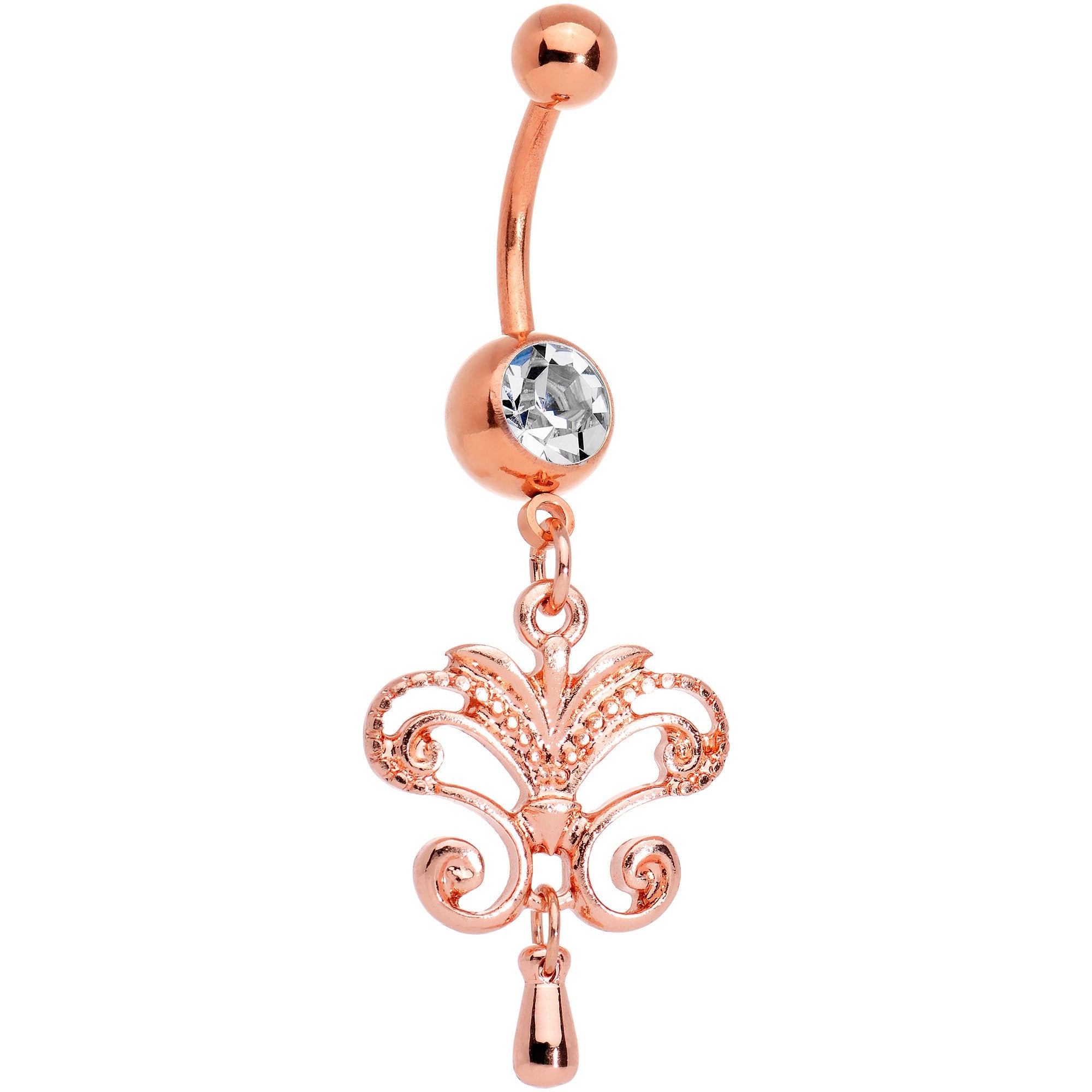 Clear Gem Rose Gold Tone Anodized Chandelier Double Dangle Belly Ring