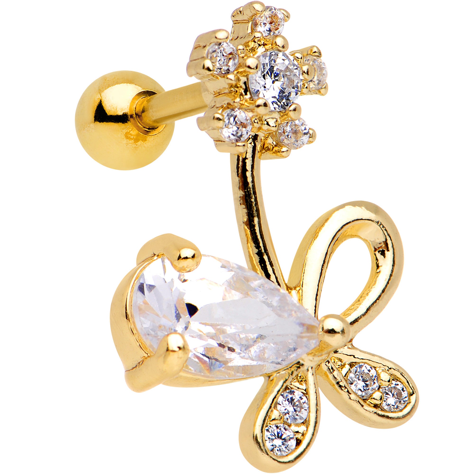 Clear CZ Gem Gold Tone Glamour Bow Cartilage Tragus Earring