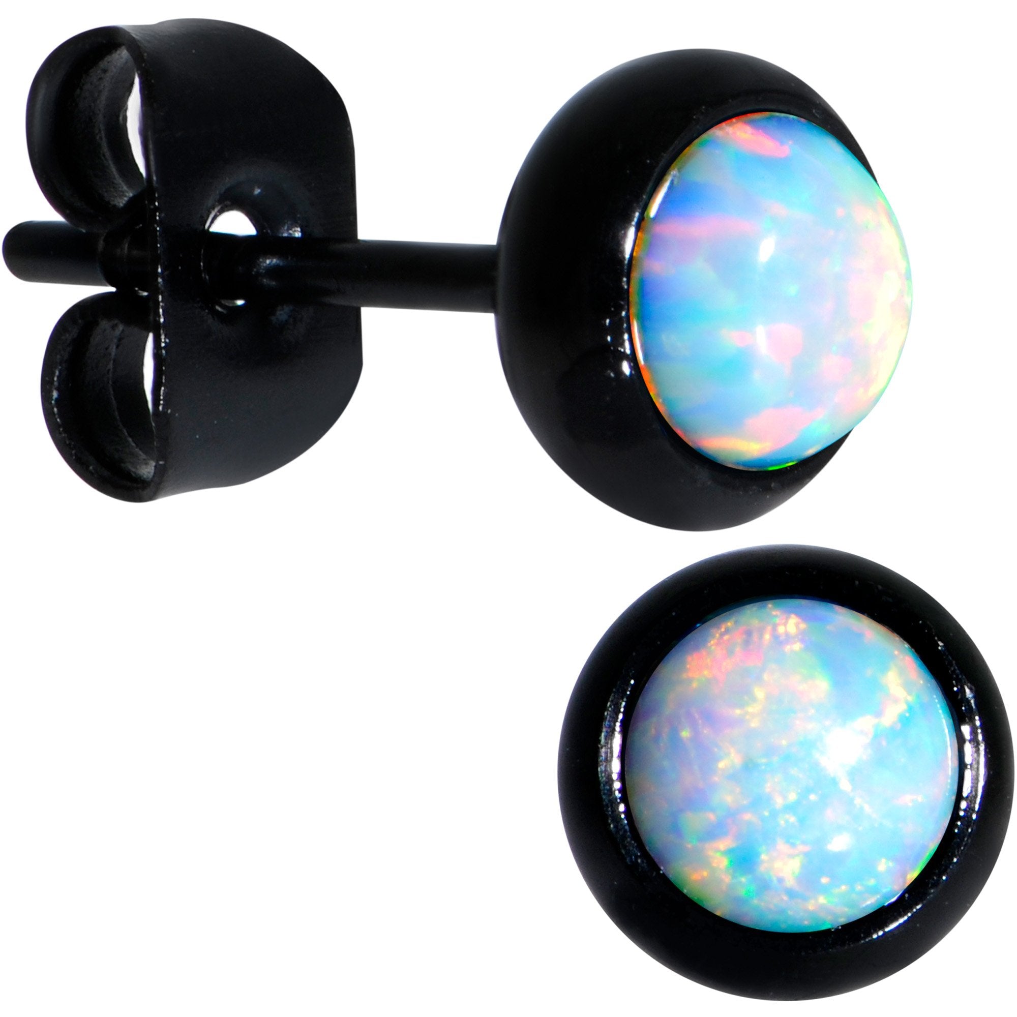 White Synthetic Opal Black IP 316L Surgical Steel Stud Earrings