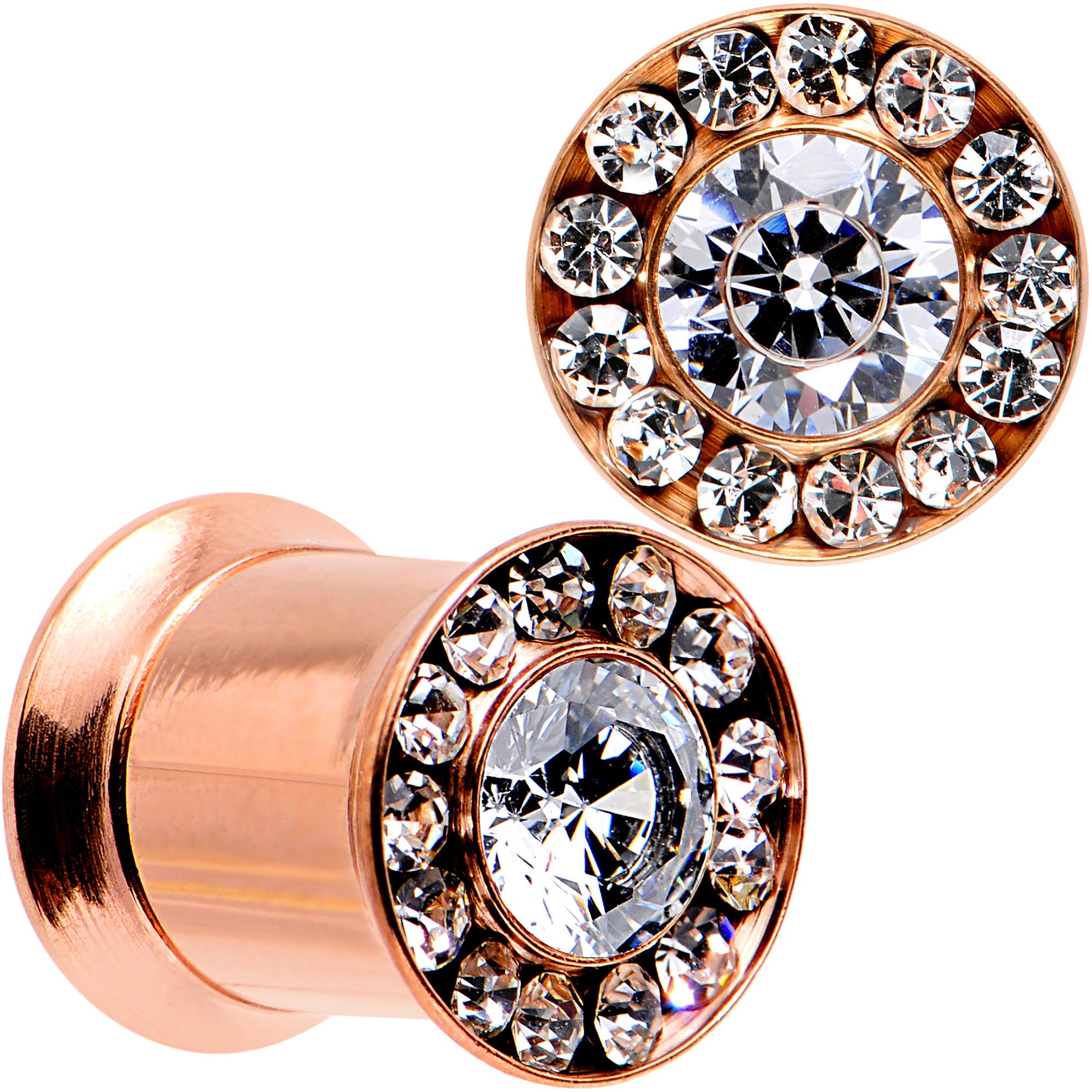 0 Gauge Clear CZ Gem Rose Gold PVD Goddess of Glam Screw Fit Plug Set