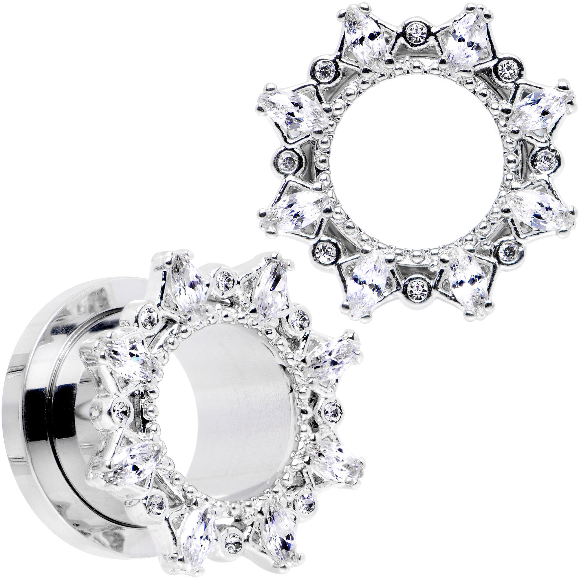 1/2 Clear Gem Flower Frame Screw Fit Tunnel Plug Set