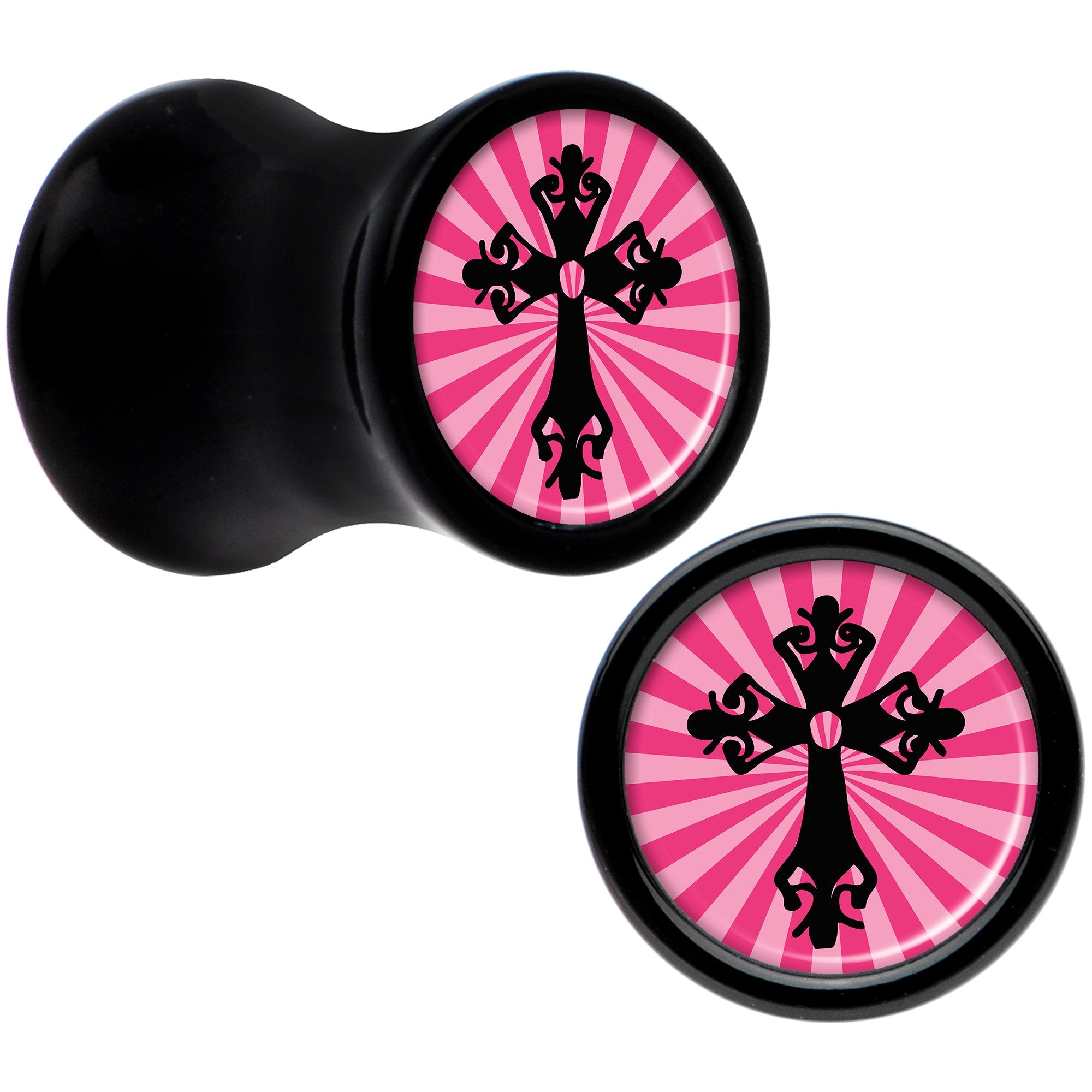 Black Acrylic Pink Black Radiant Cross Saddle Plug Set 2 Gauge