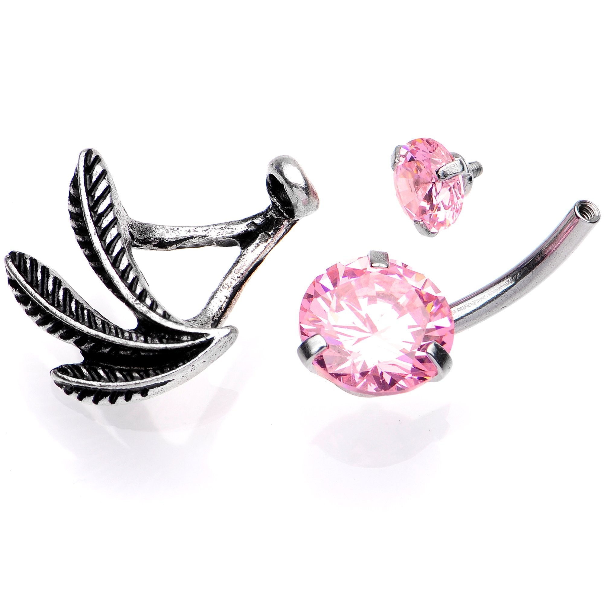 Pink Gem Feather Trio Dangle Belly Ring