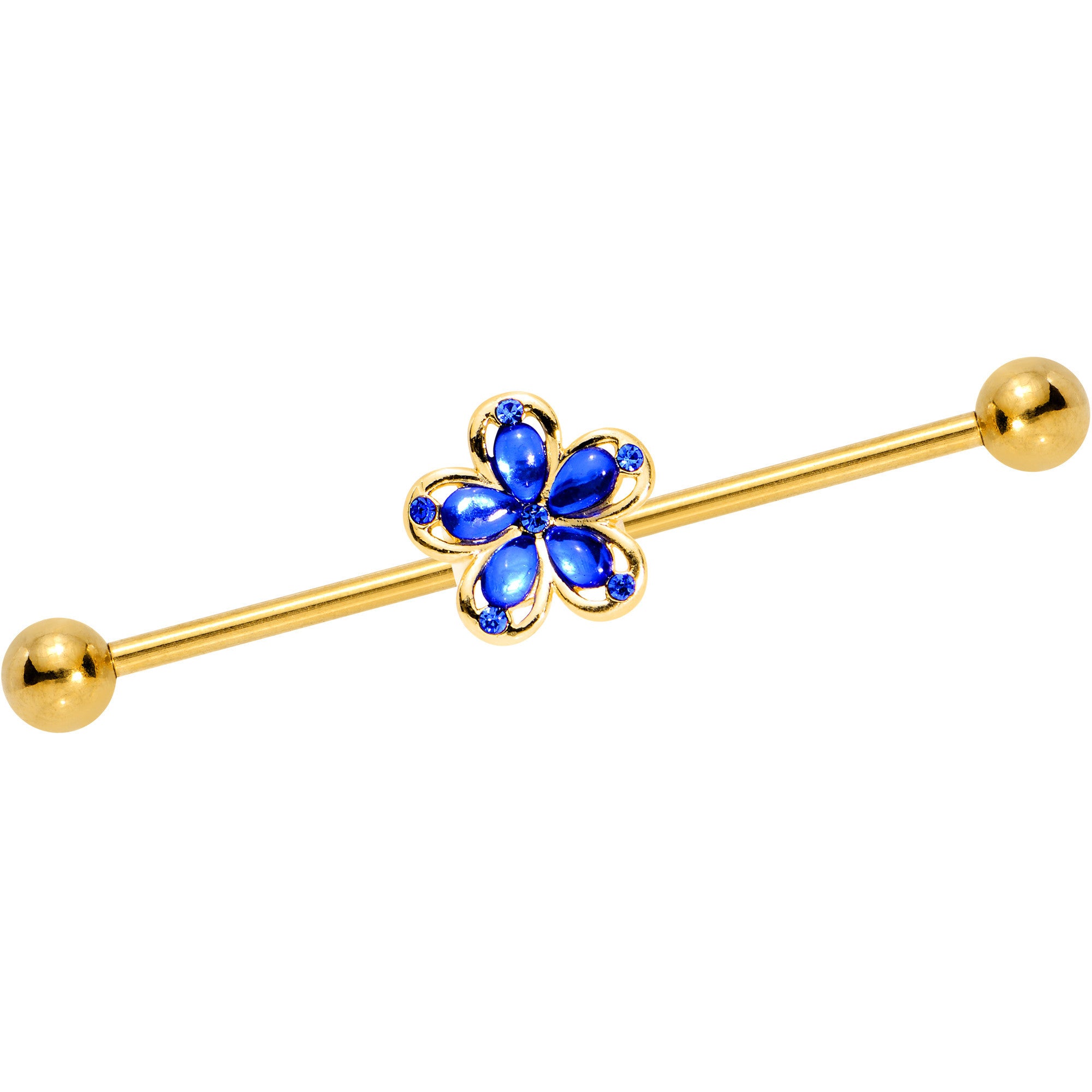 Blue Gem Gold PVD Zinnia Flower Dangle Industrial Barbell 38mm