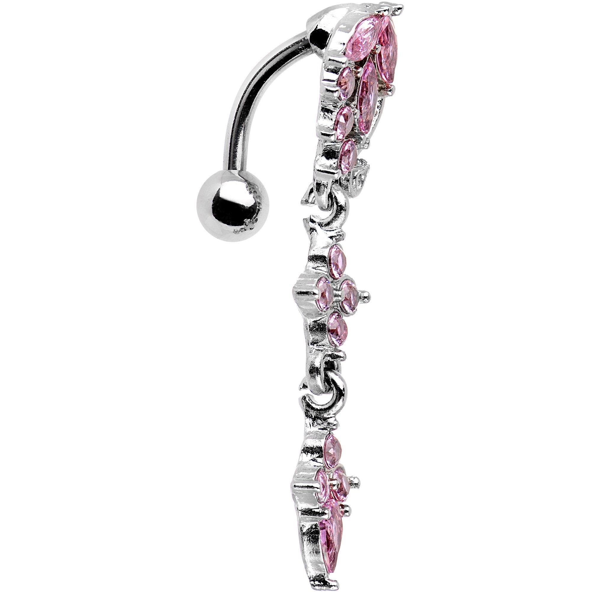 Pink Gem Leafy Vine Top Mount Dangle Belly Ring