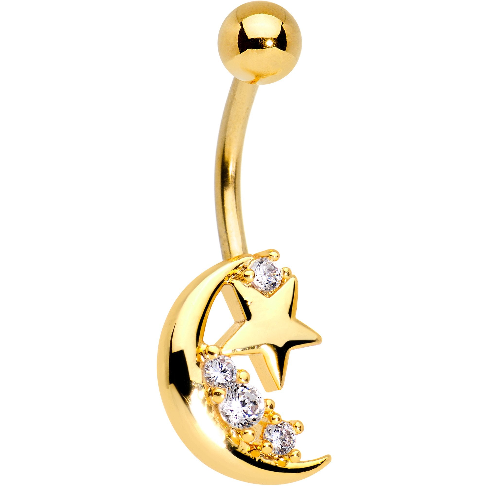 Clear Gem Gold Tone Anodized Over the Moon Belly Ring