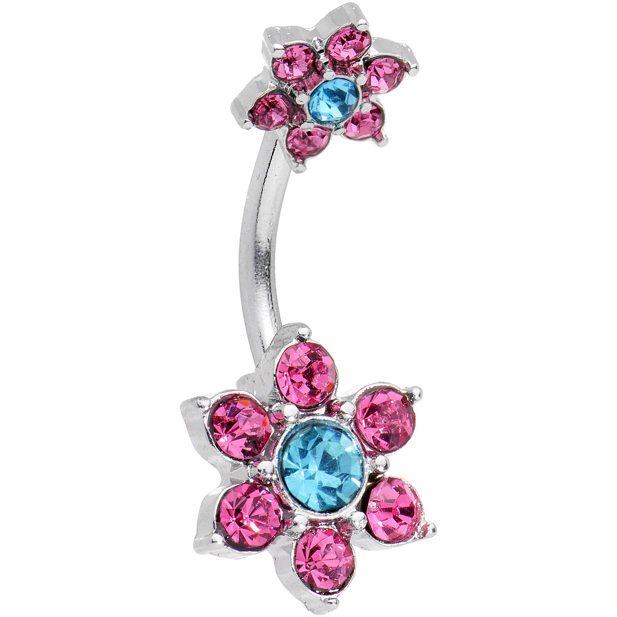 Blue Pink Gem Primrose Flower Double Mount Belly Ring