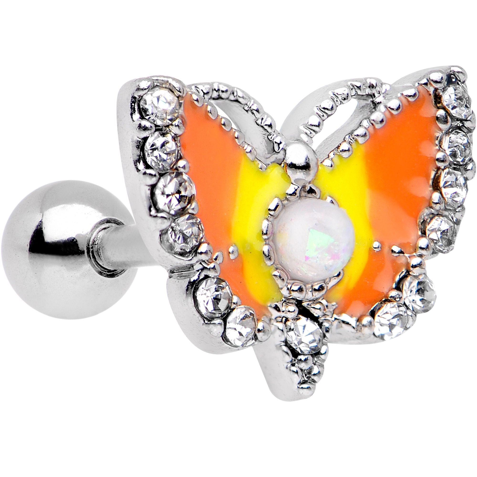 White Faux Opal Orange Butterfly To a Flame Tragus Cartilage Earring