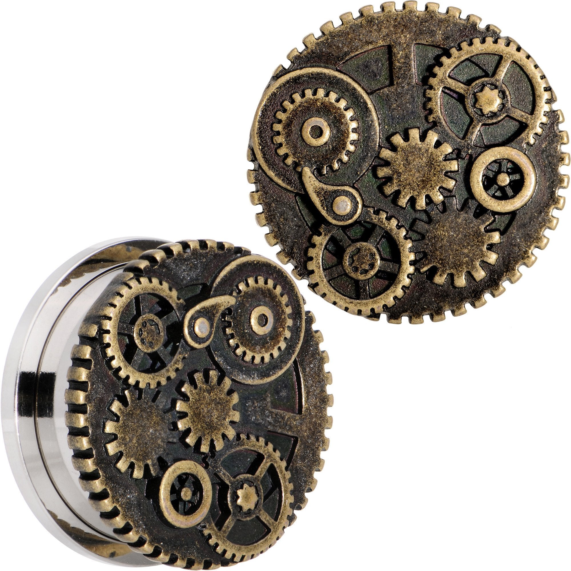 Steampunk Gears and Gizmos Screw Fit Tunnel Plug Set 2 Gauge to 1 Inch