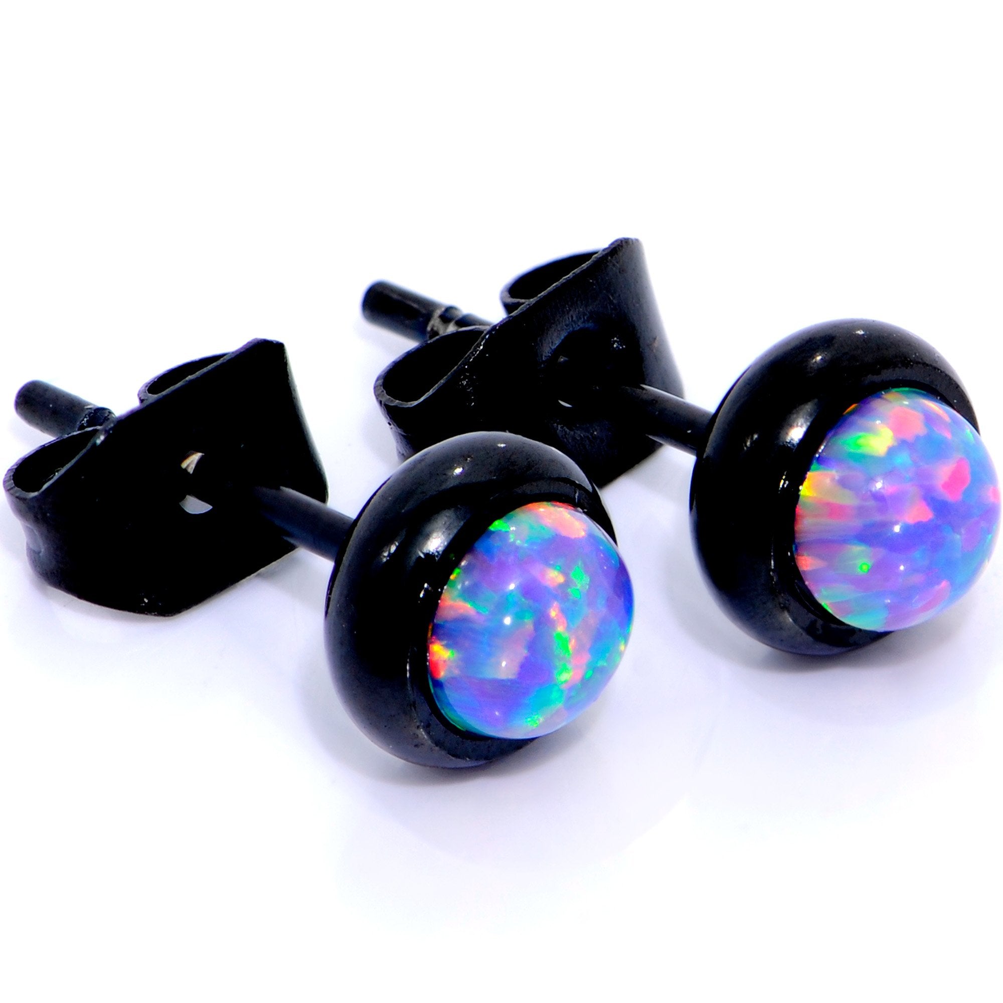 Purple Synthetic Opal Black IP 316L Surgical Steel Stud Earrings