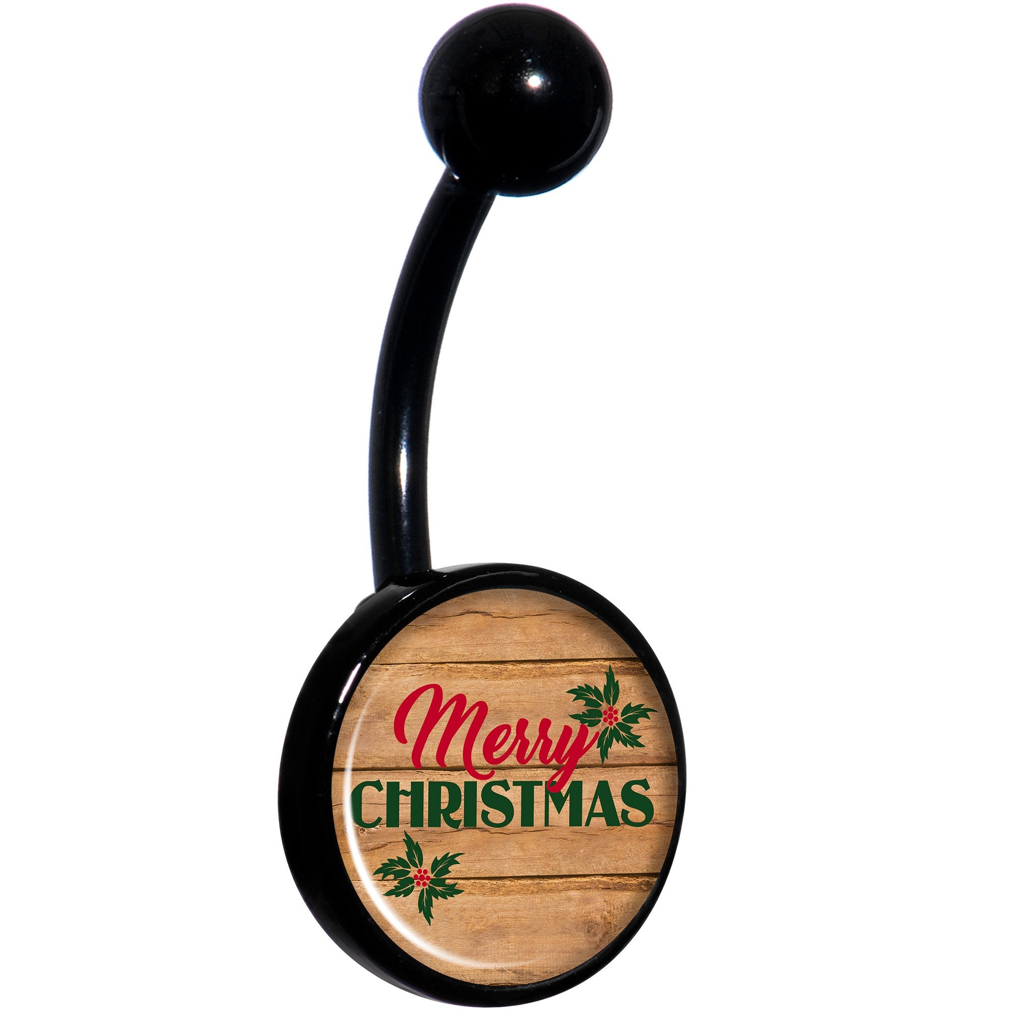 Rustic Wood Merry Christmas Black Belly Ring