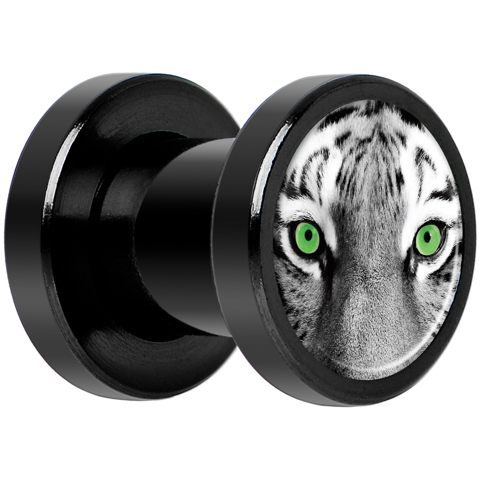 Black White Tiger Eyes Black Anodized Screw Fit Plug Set 2 Gauge