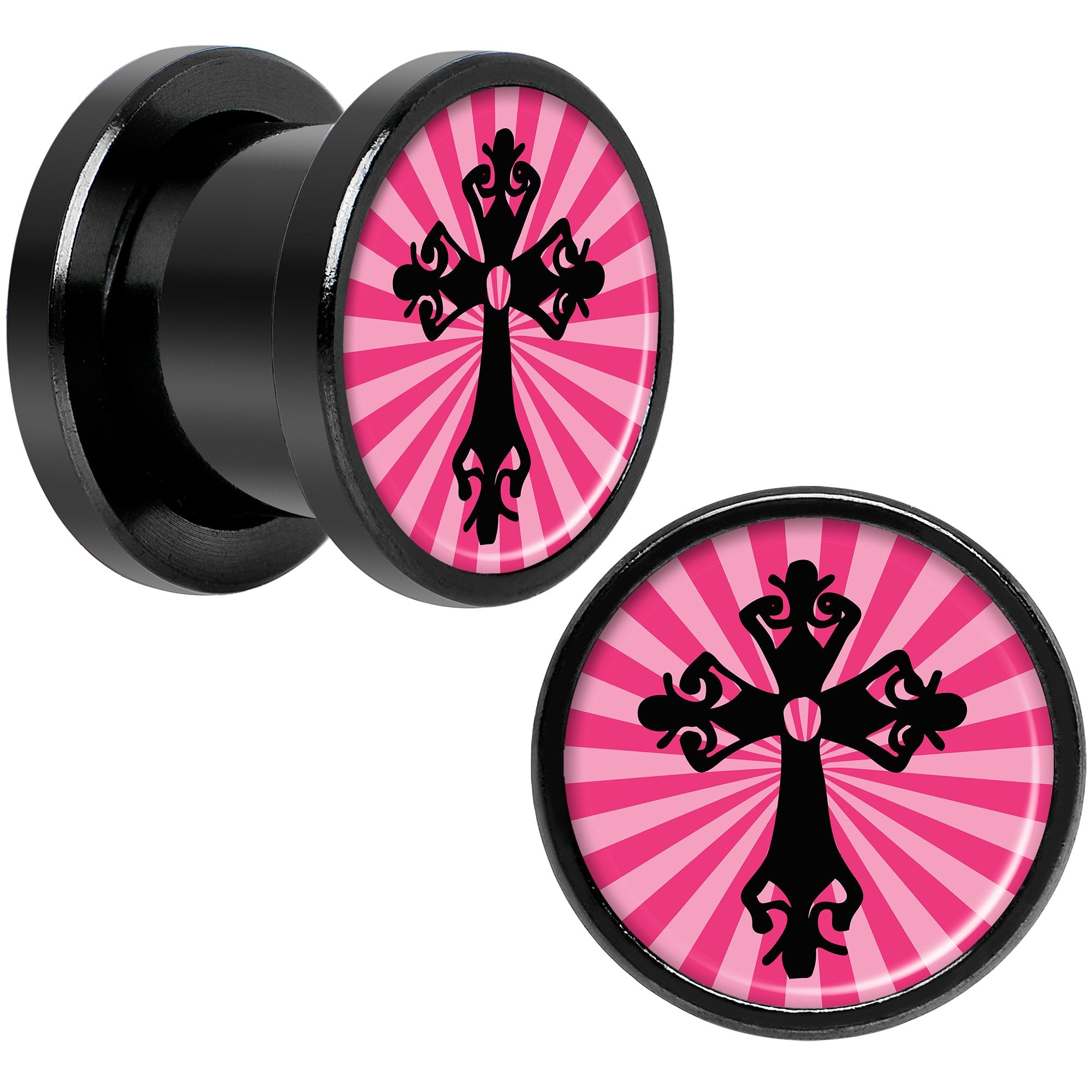 Pink Black Radiant Cross Black Anodized Screw Fit Plug Set 00 Gauge