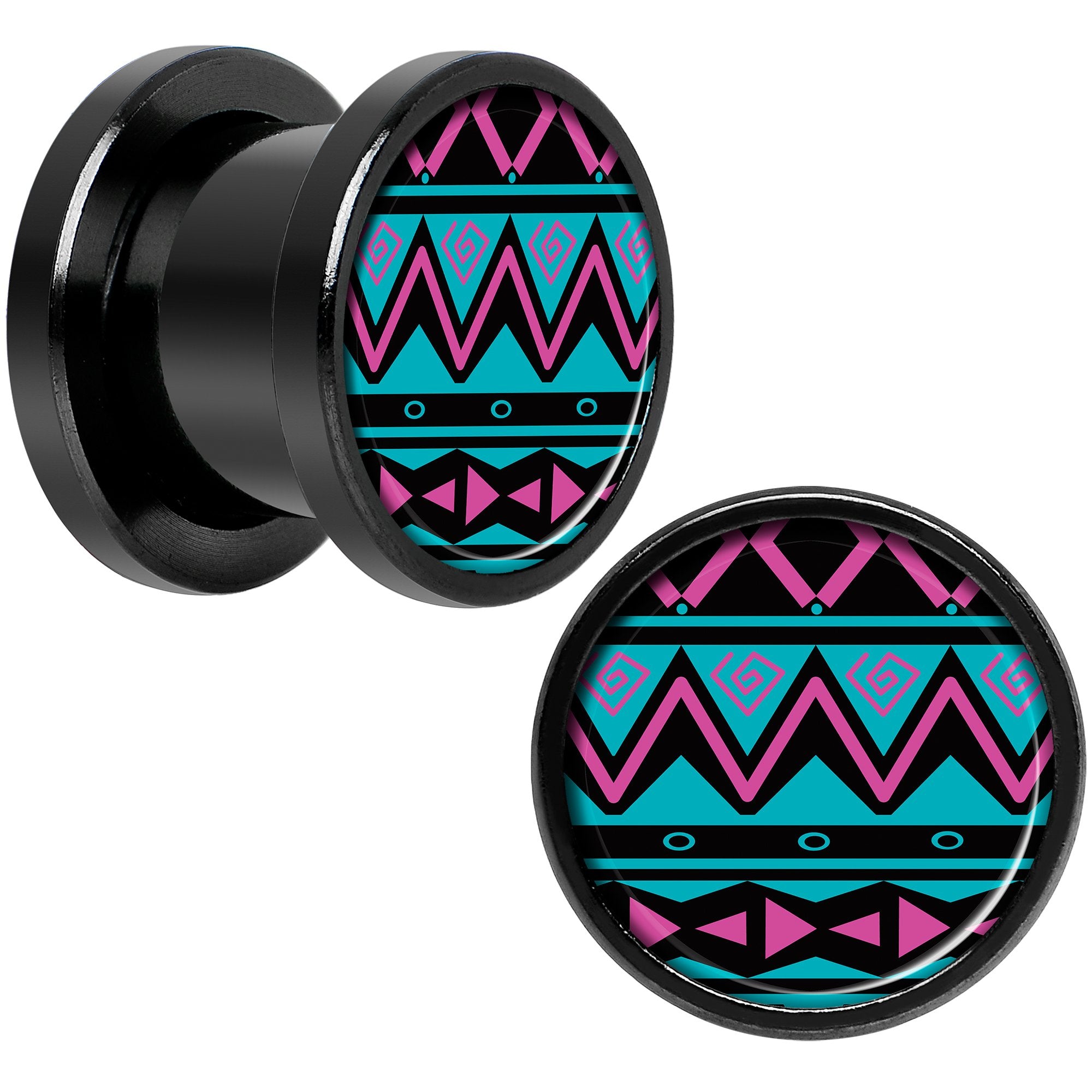 Pink Teal Tribal Print Black Anodized Screw Fit Plug Set 00 Gauge