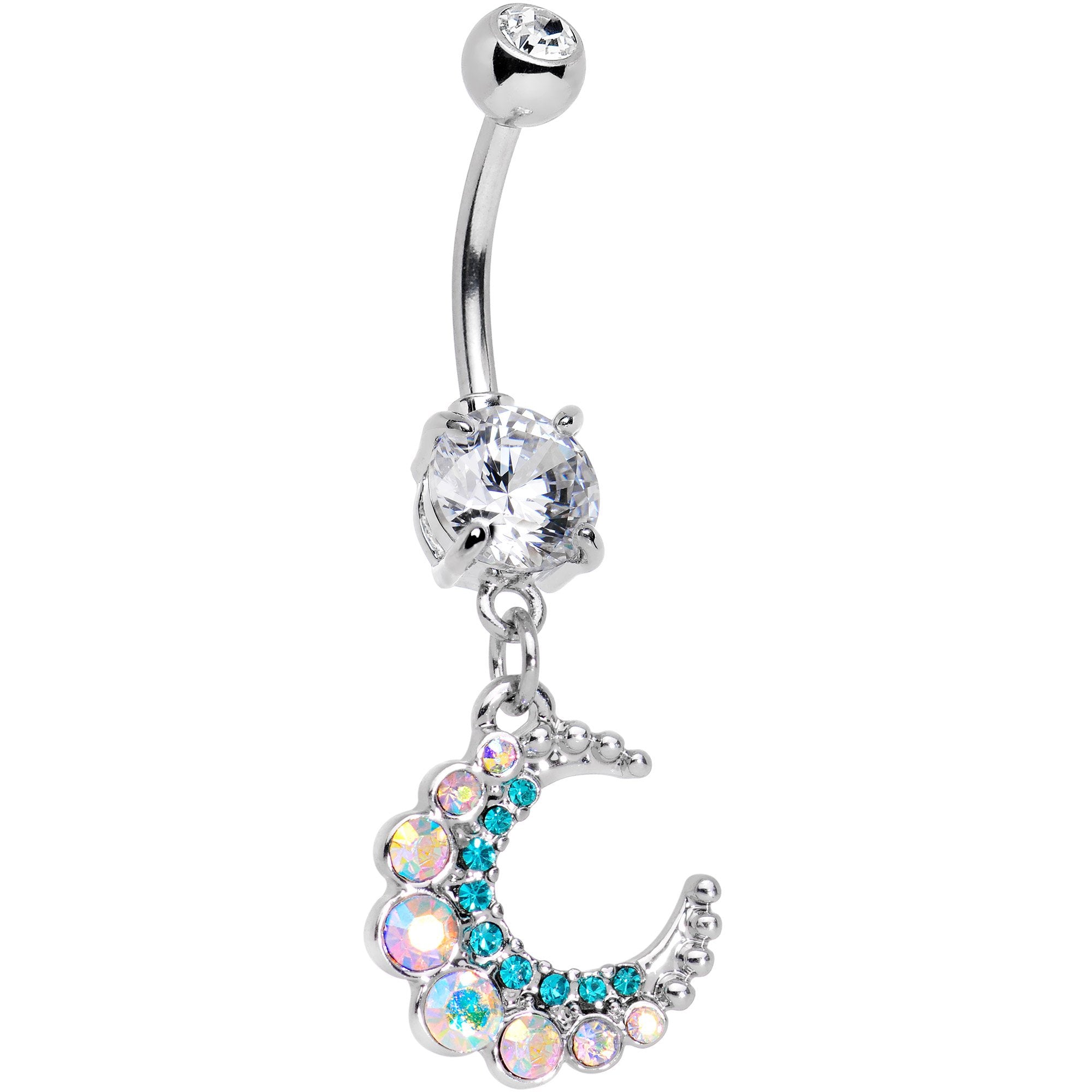 Aurora Aqua Gem Encrusted Crescent Moon Dangle Belly Ring