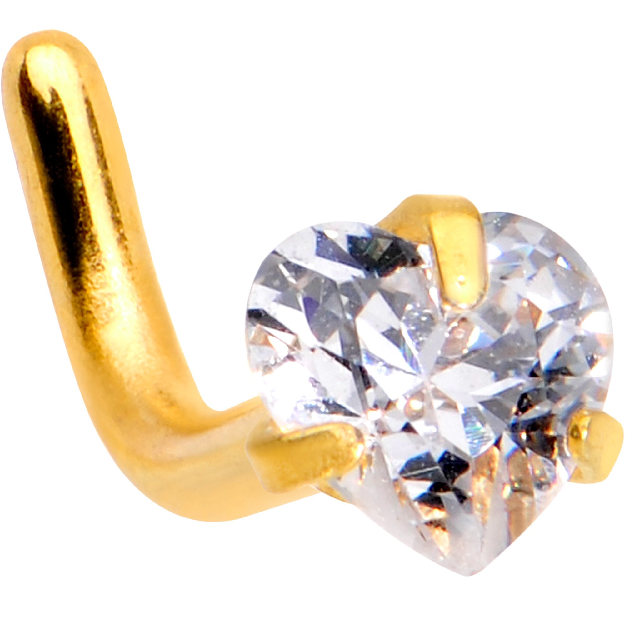 18 Gauge 1/4 Clear Heart 3mm CZ Gem Gold IP L-Shape Nose Ring