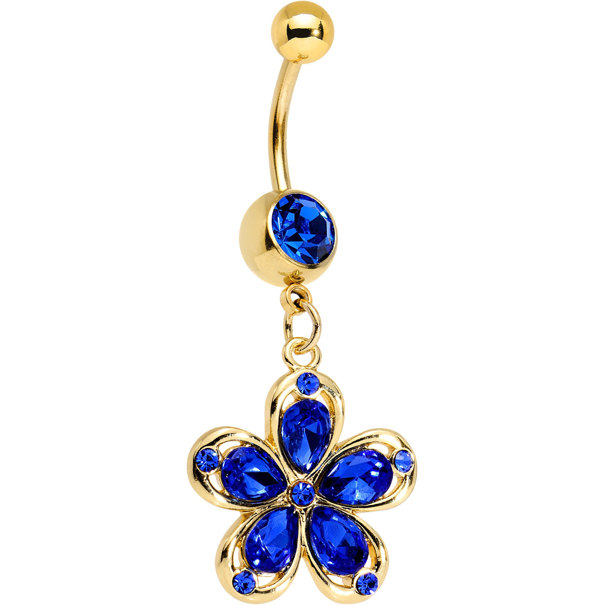 Blue Gem Gold PVD Zinnia Flower Dangle Belly Ring