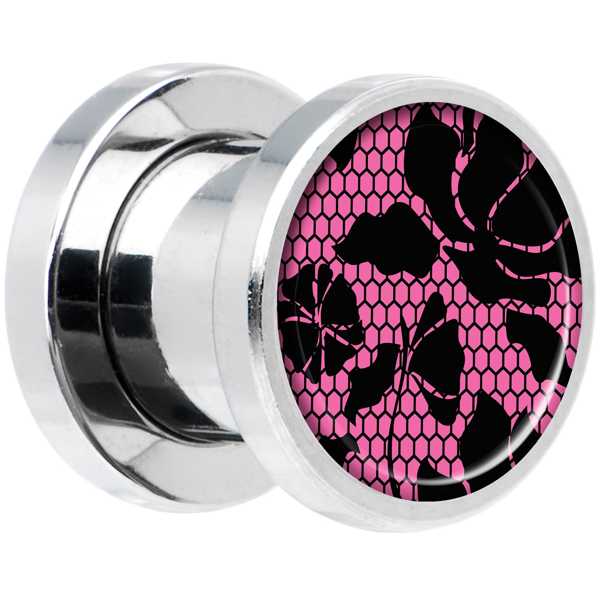 Pink Floral Lace Steel Screw Fit Plug Set 0 Gauge