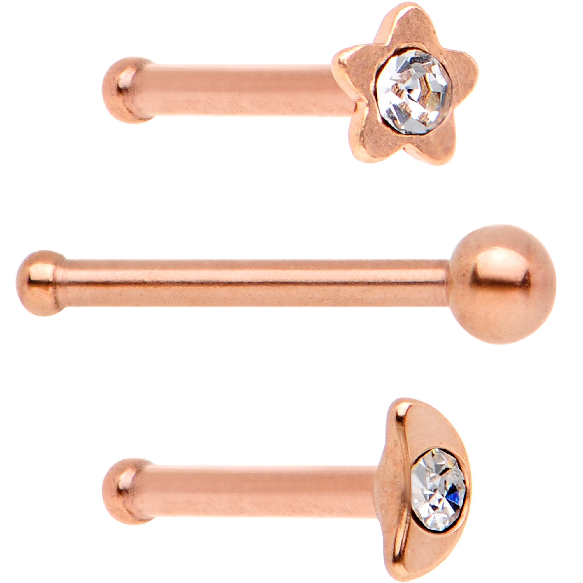 Clear CZ Gem Rose Gold PVD Night Sky Nose Bone 3 Pack Set