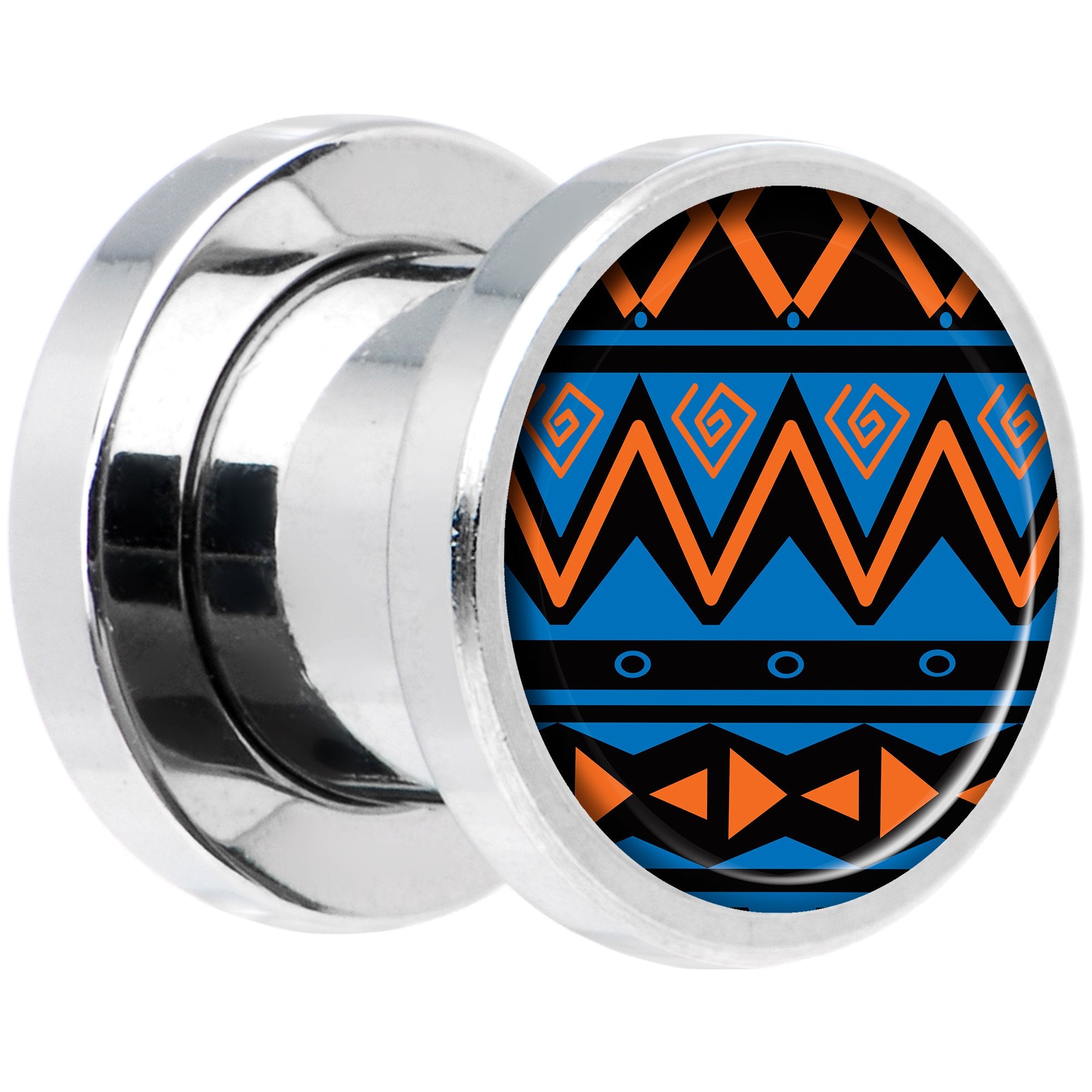 Blue Orange Tribal Print Steel Screw Fit Plug Set 0 Gauge