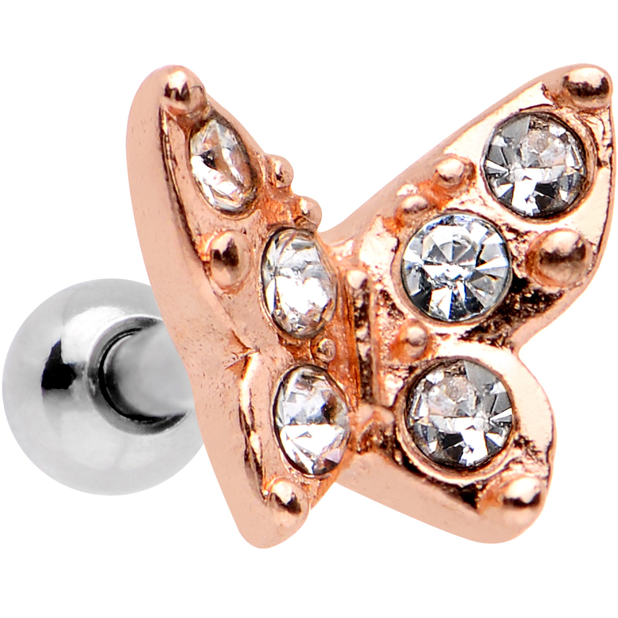 16 Gauge Clear Gem Rose Gold Tone Butterfly Tragus Cartilage Earring