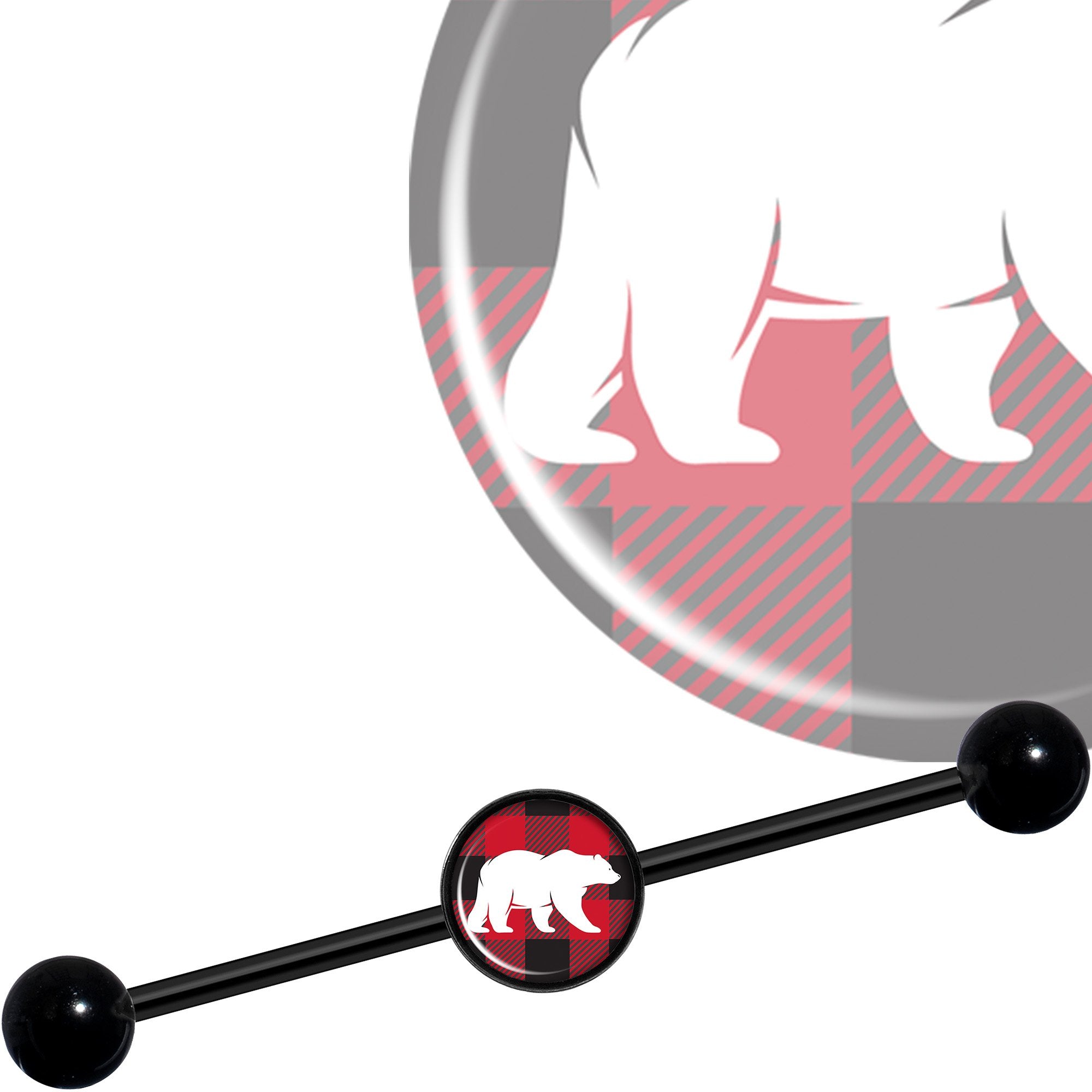 14 Gauge Red Black Plaid Polar Bear Black Industrial Barbell 37mm