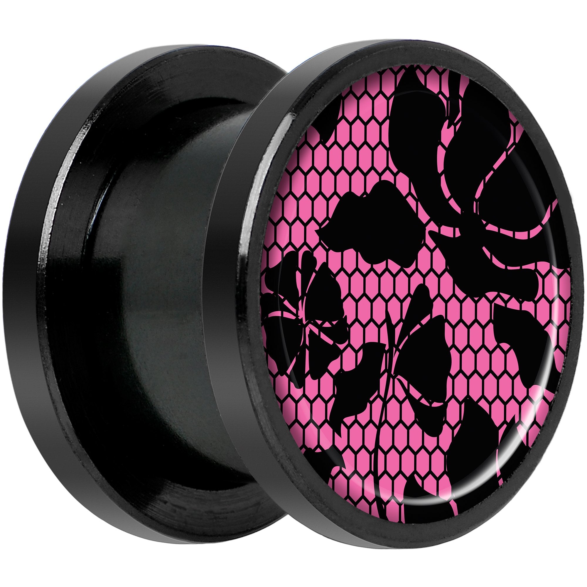 Pink Floral Lace Black Anodized Screw Fit Plug Set 1/2