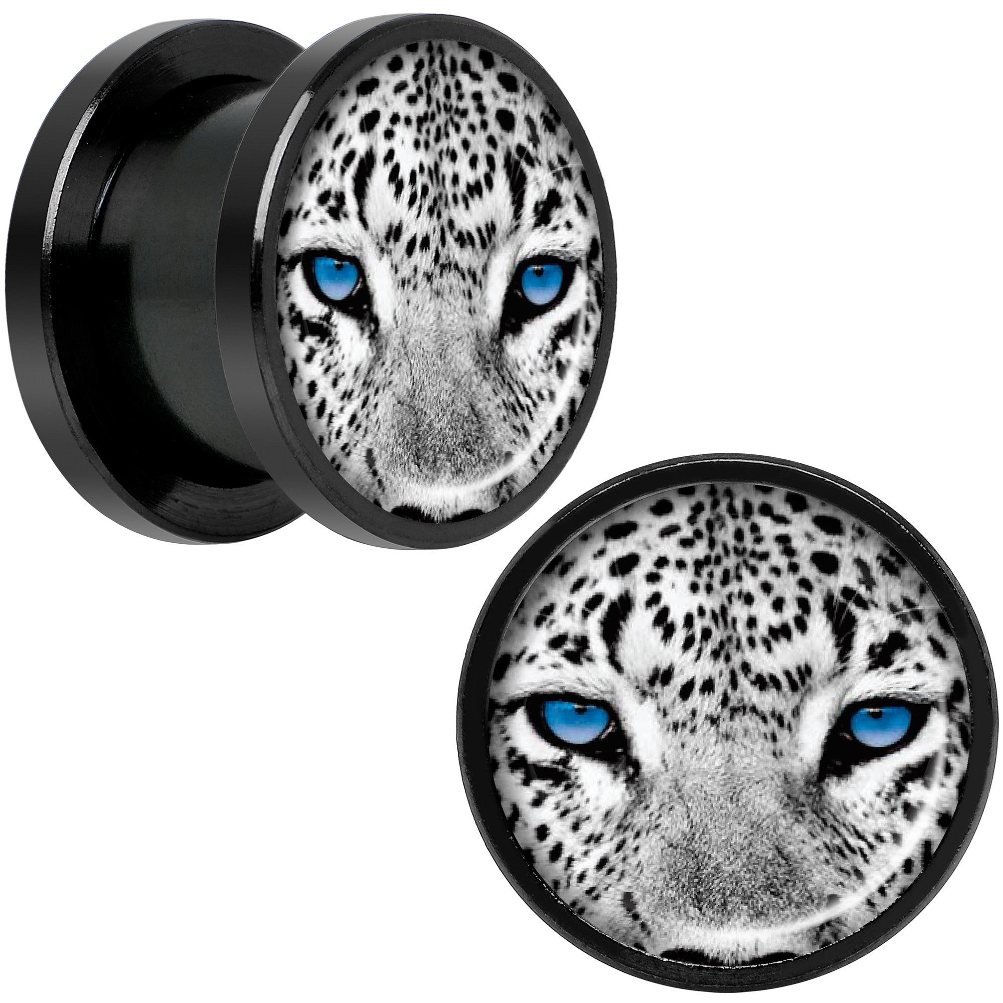 Black White Leopard Eyes Black Anodized Screw Fit Plug Set 1/2