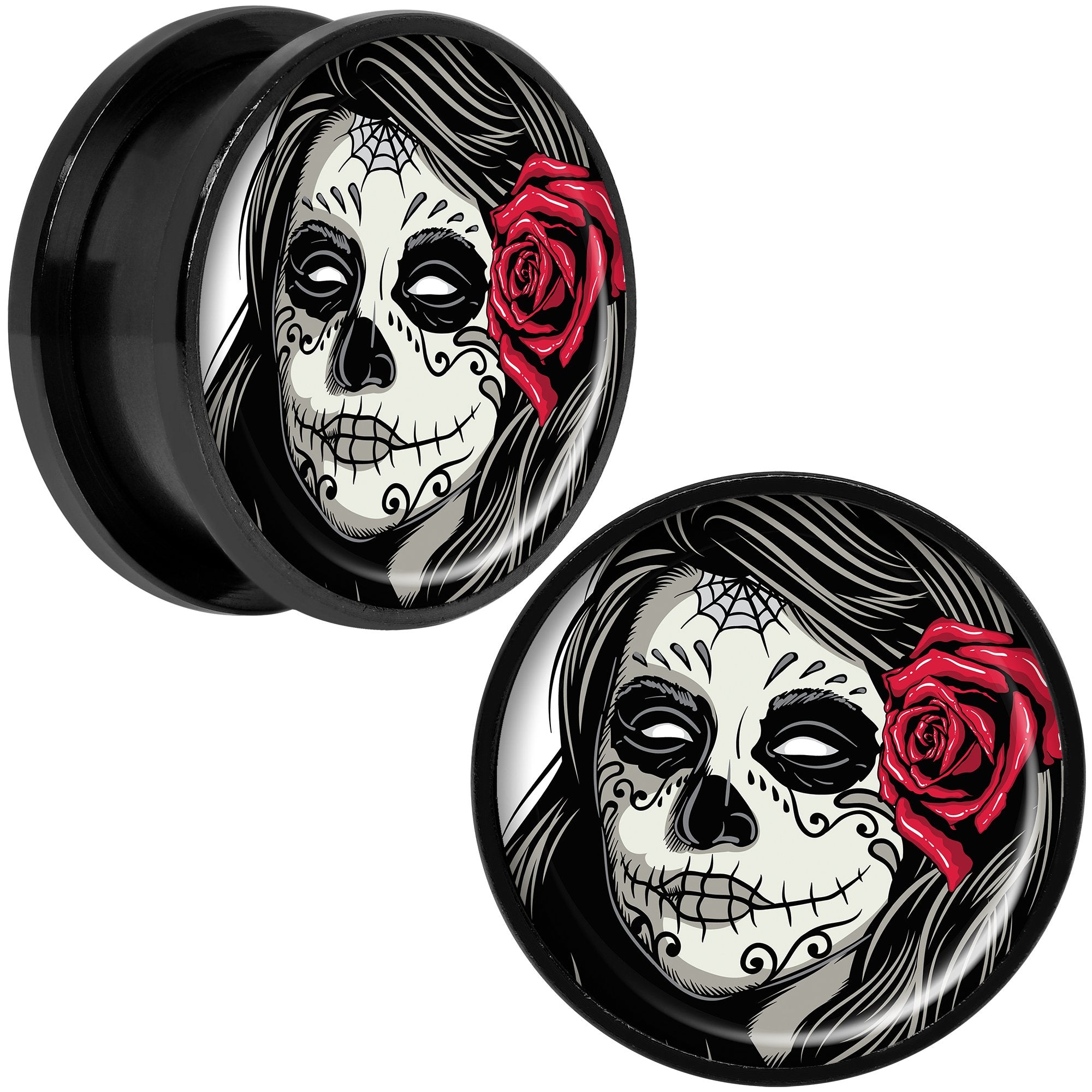 Katrina Sugar Skull with Rose Flower Black Anodized Screw Fit Plug Set 20mm