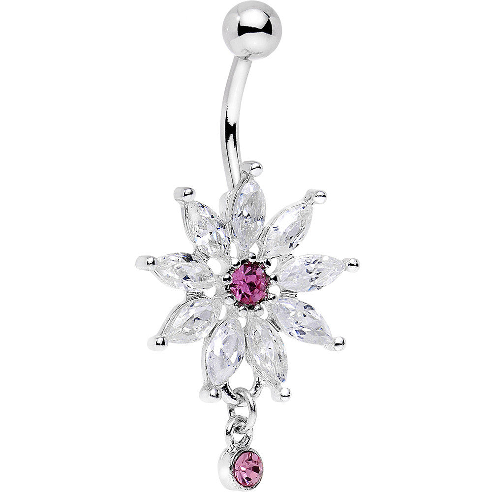 Clear Pink Gem Breathtaking Flower Dangle Belly Ring