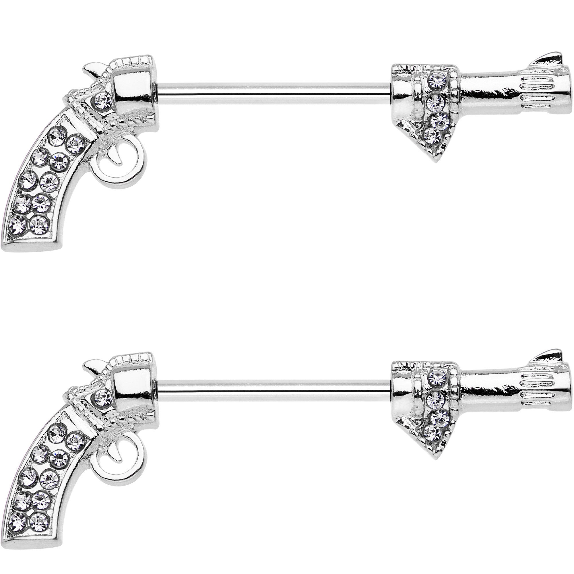 5/8 Clear Gem Old West Revolver Barbell Nipple Ring Set