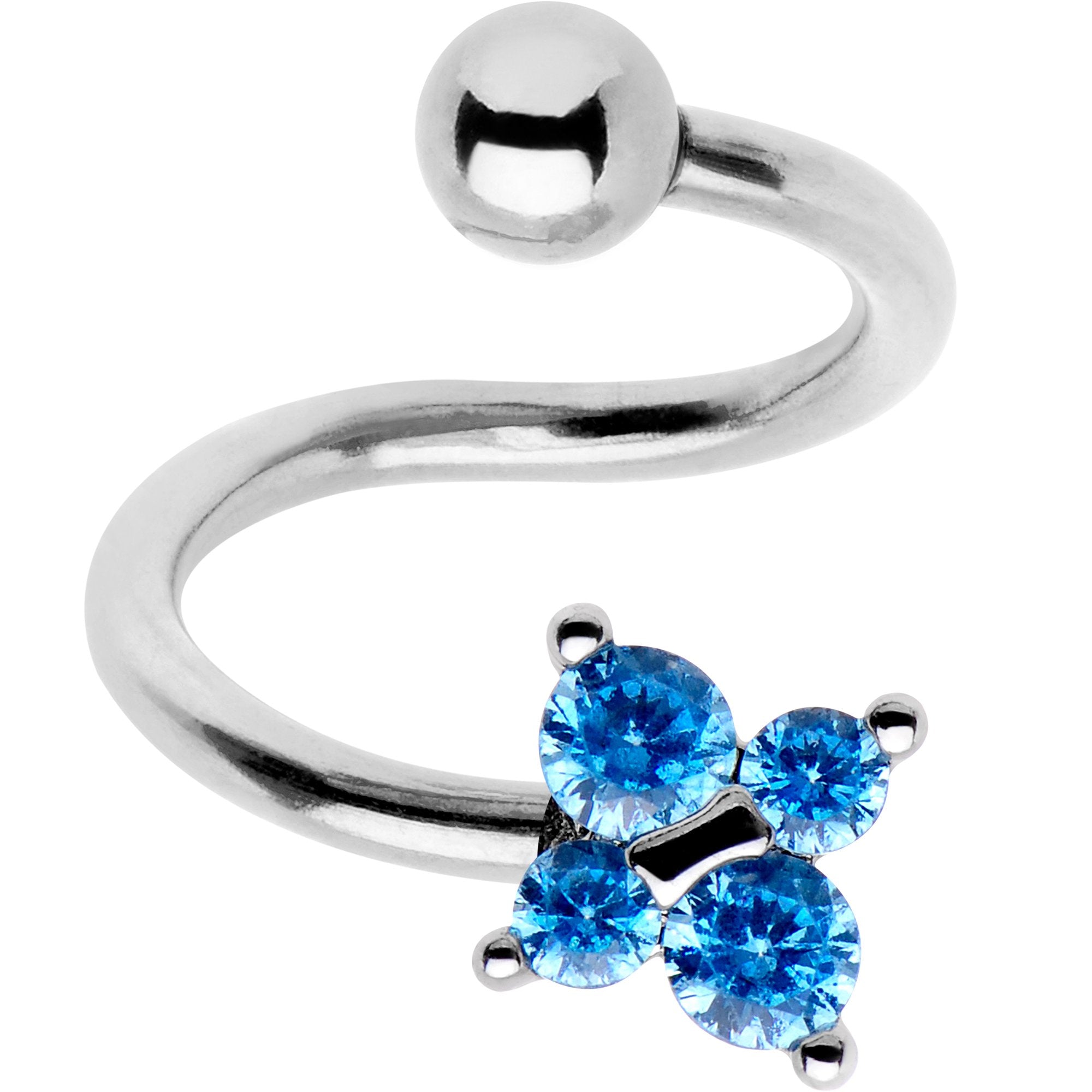 Blue CZ Gem Flower Cluster Spiral Twister Top Mount Belly Ring