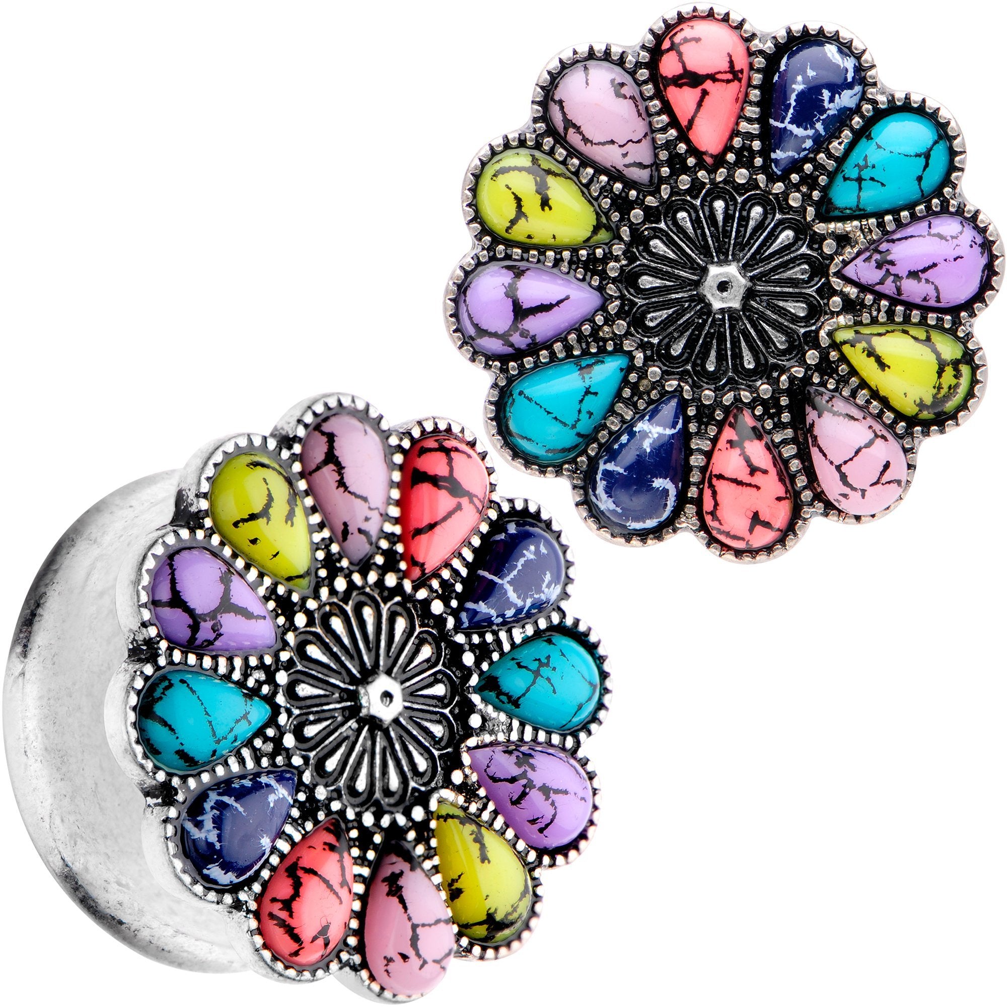 Southwestern Pinwheel Flower Double Flare Plug Set Set 2 Gauge to 22mm