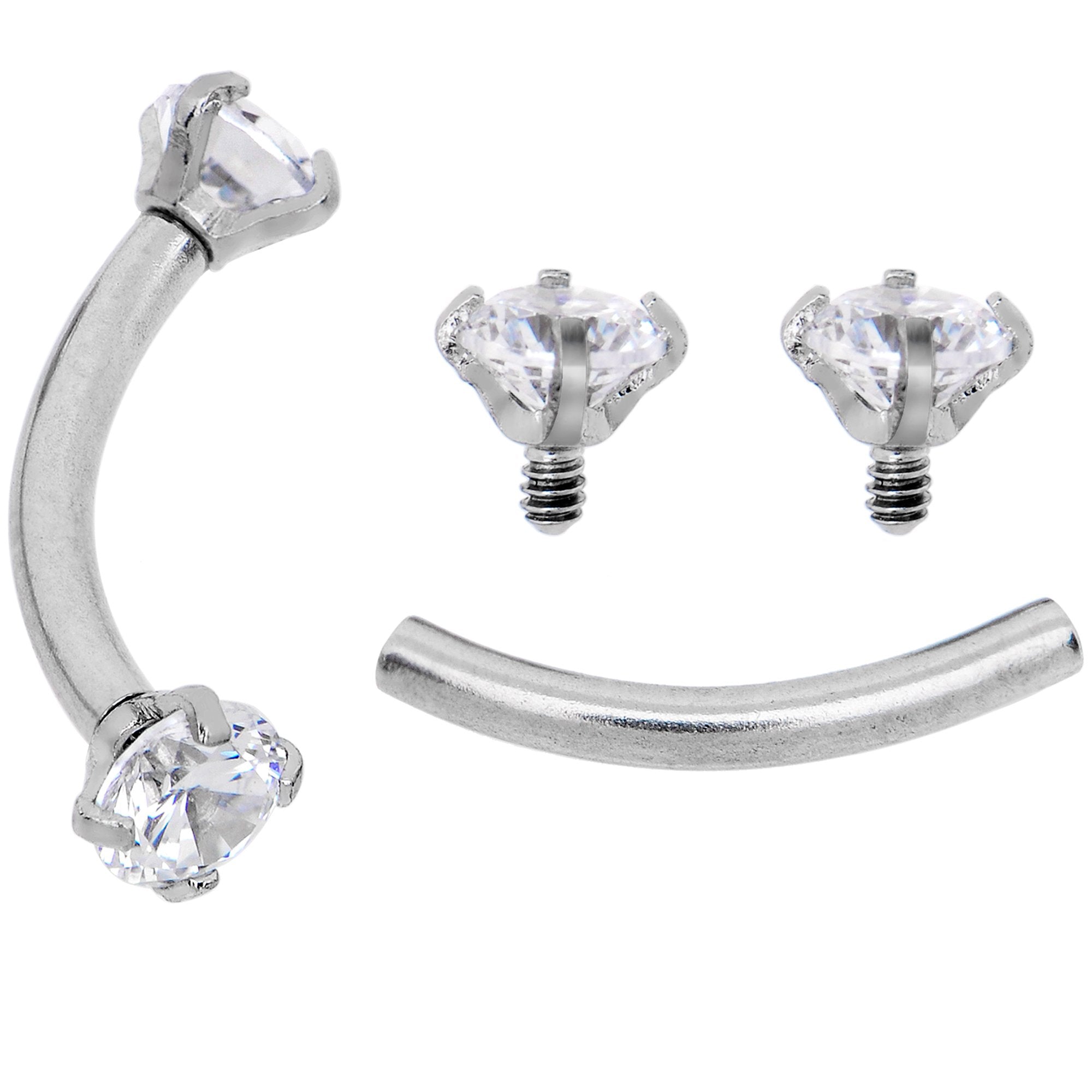 16 Gauge 5/16 CZ Gem Internally Threaded Curved Eyebrow Ring Pack Set of 8