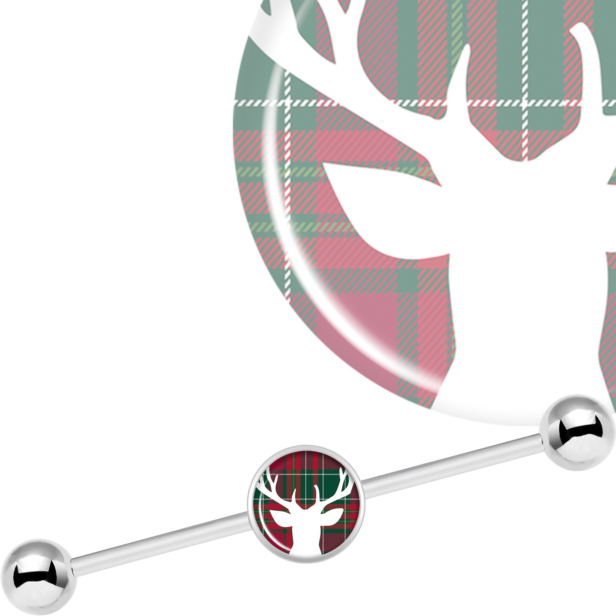 14 Gauge Red Green Plaid Reindeer Industrial Barbell 37mm