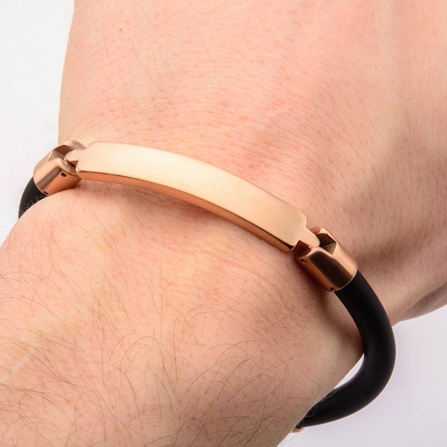 Mens Matte Finished Rose Gold IP Bar ID Rubber 7mm Bracelet