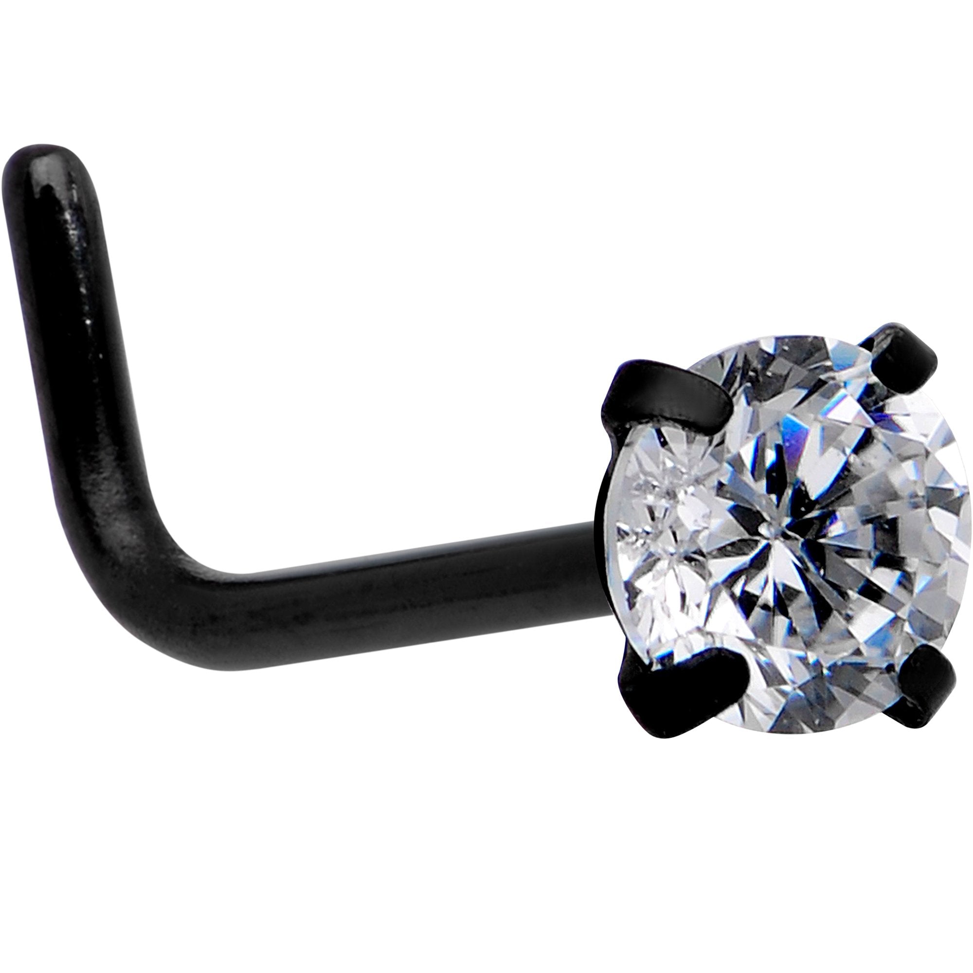 20 Gauge 1/4 Clear 3mm CZ Gem Black IP L-Shape Nose Ring