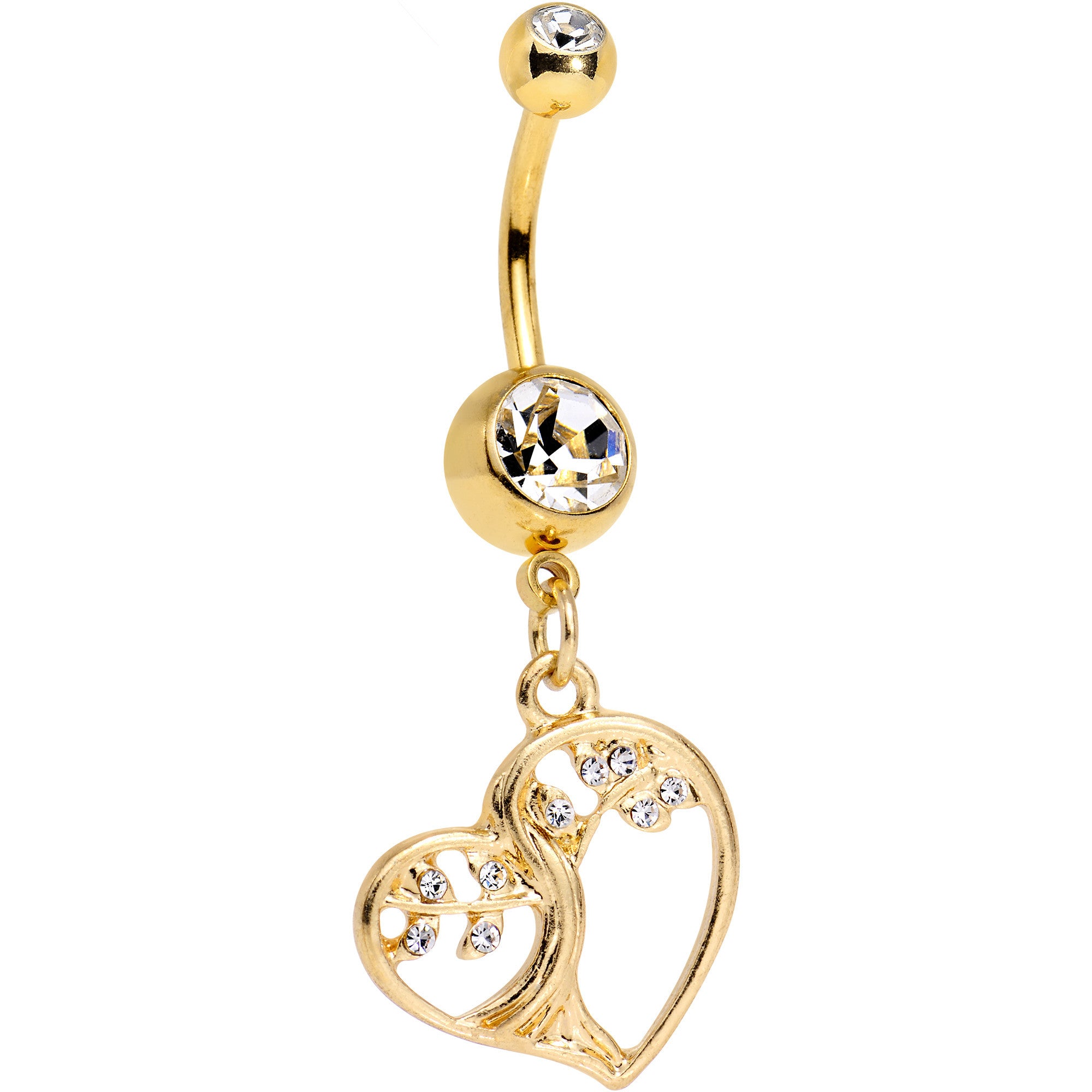 Clear Gem Gold Anodized Tree of Life Heart Dangle Belly Ring