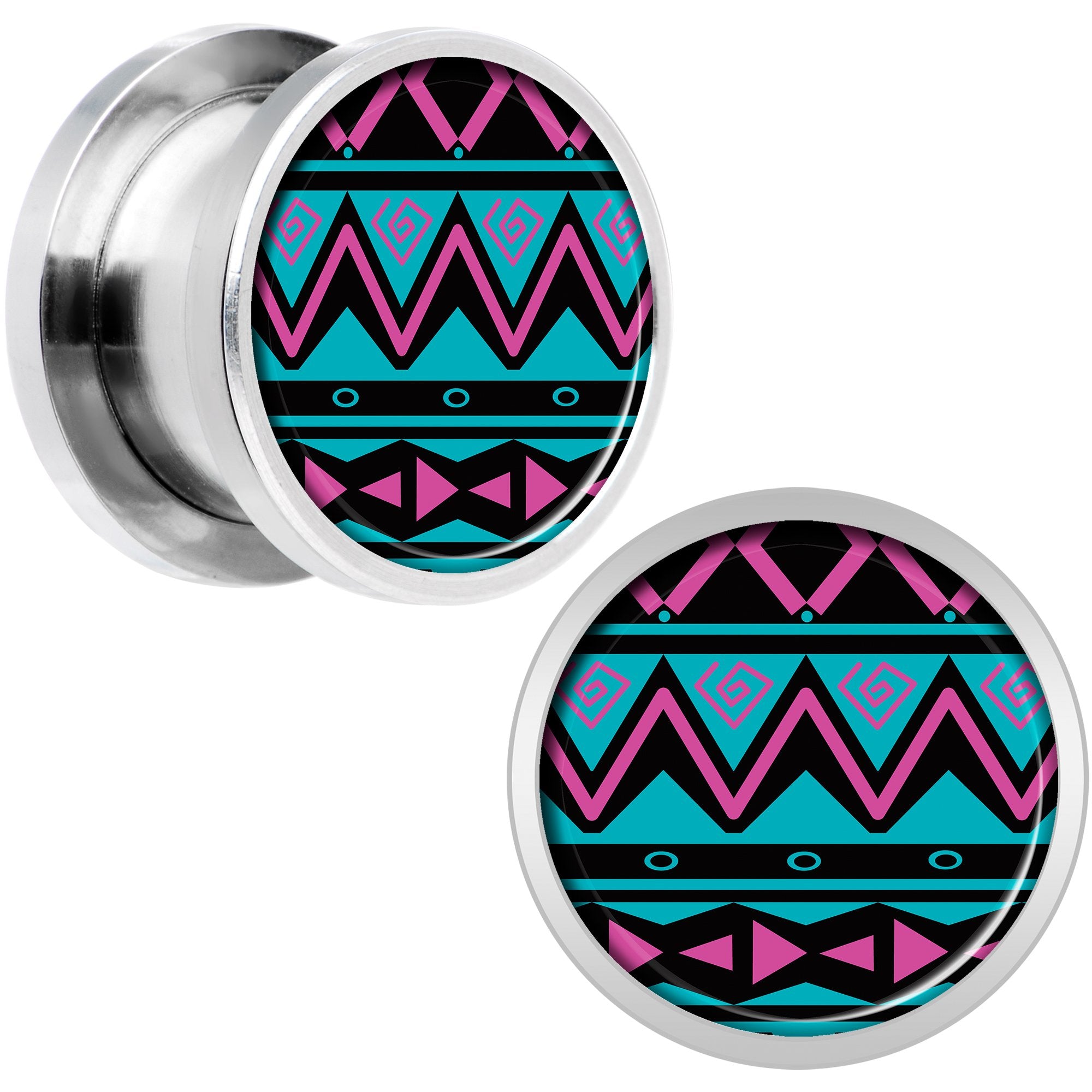 Pink Teal Tribal Print Steel Screw Fit Plug Set 1/2