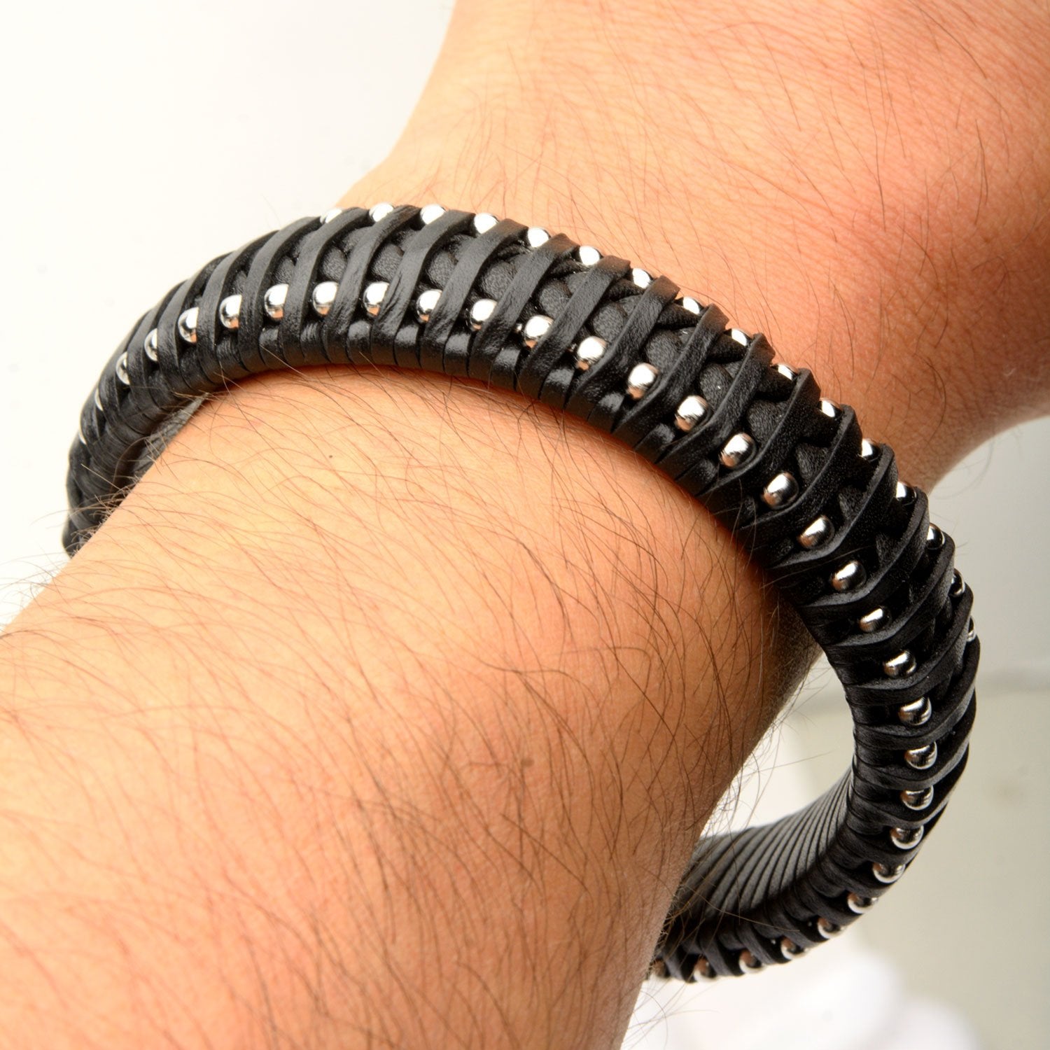 Mens Black Leather Stainless Steel Ball Edge 6mm Bracelet