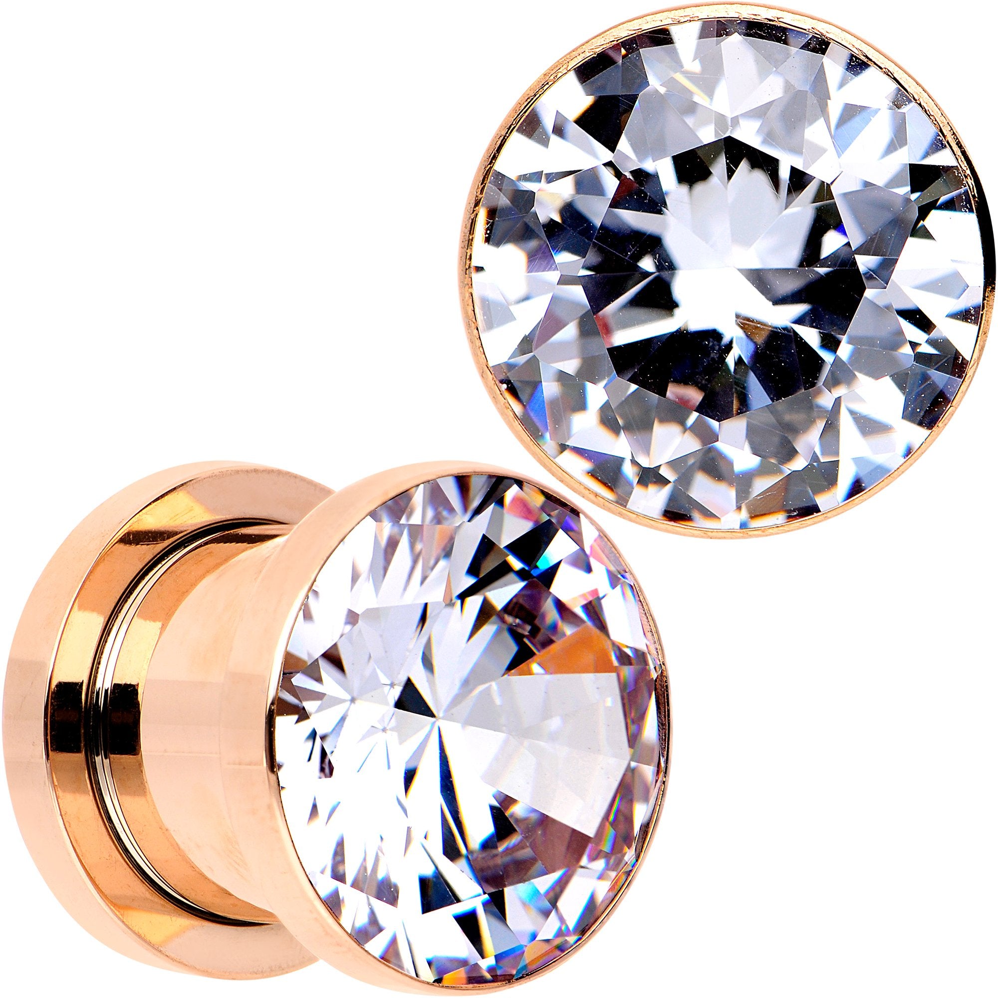 Clear CZ Gem Rose Gold PVD Glitzy Screw Fit Tunnel Plug Set