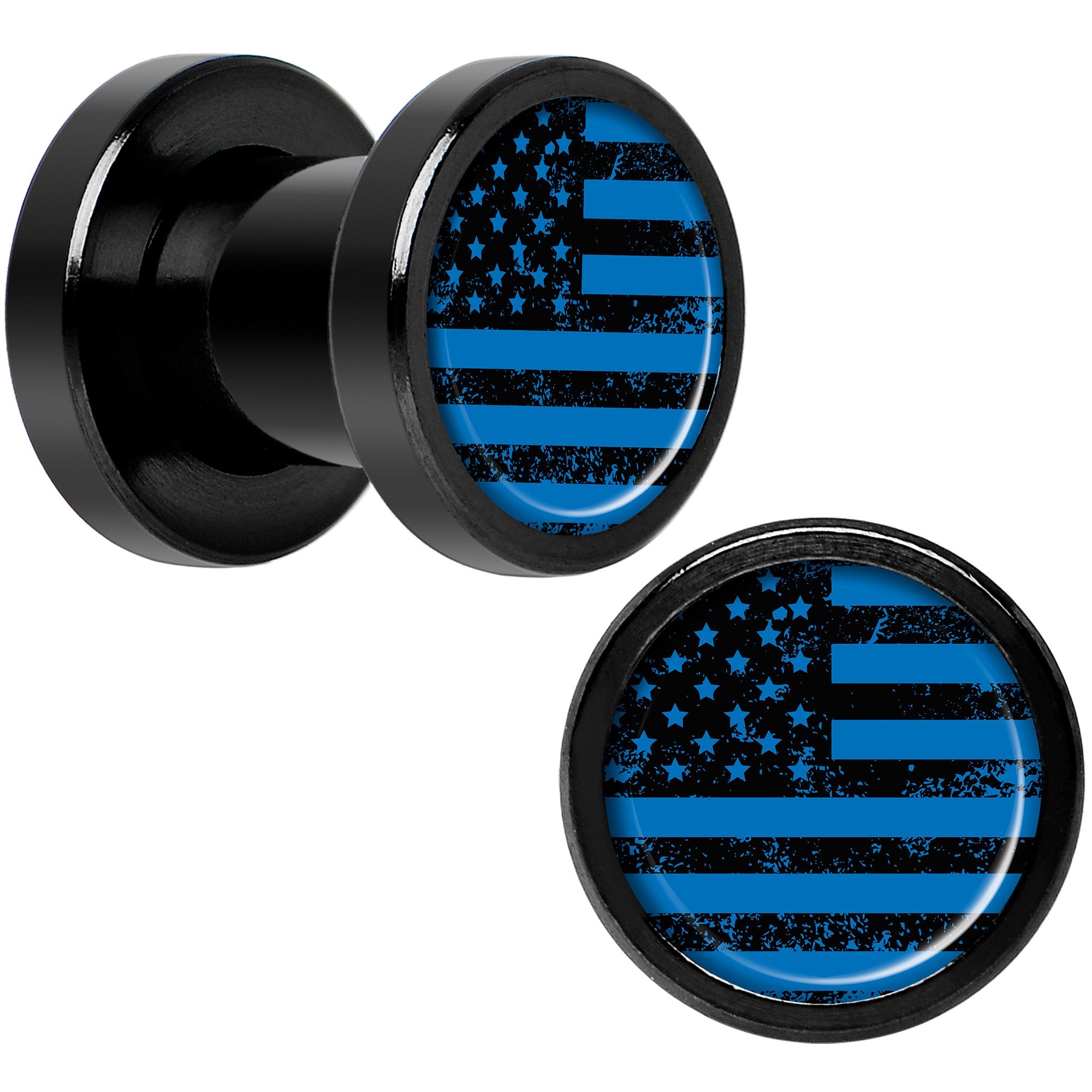 Blue American Flag Black Anodized Screw Fit Plug Set 2 Gauge